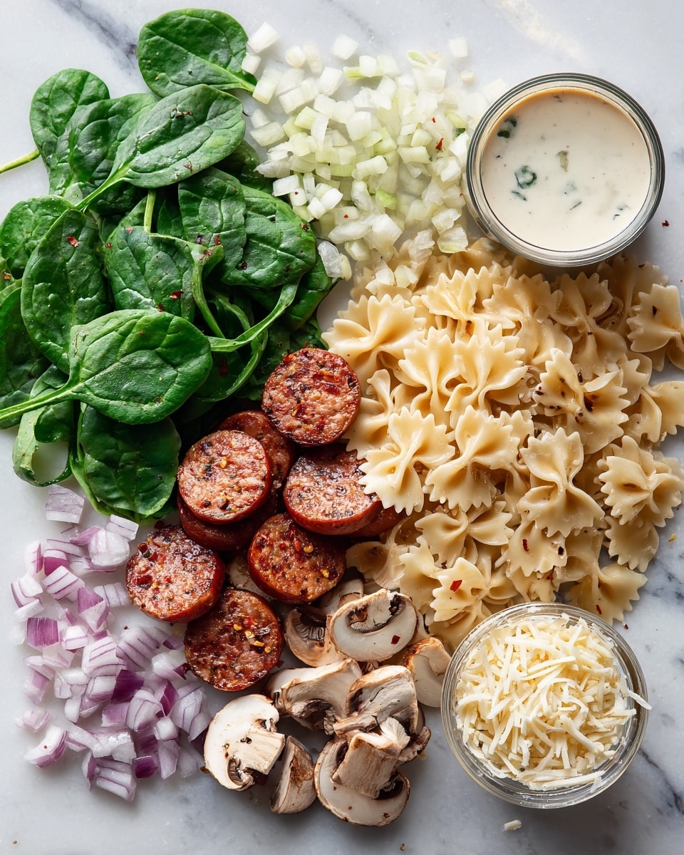 Creamy Vegan Sausage Pasta with Spinach, vegan pasta recipes, plant-based creamy pasta, vegan sausage dinner, easy vegan pasta dishes - Flat lay of sliced Italian vegan sausage with a rich brown sear, fresh baby spinach leaves in vibrant green, chopped sweet onion pieces in pale purple and white, minced garlic cloves with their creamy off-white texture, bright red chili flakes scattered naturally, a smooth can of light coconut milk with creamy white swirls visible, short cut pasta in a soft yellow tone with a slightly matte finish, and a small mound of grated vegan parmesan cheese in delicate off-white shreds, all beautifully arranged with contrasting colors and textures placed on white marbled surface, photo taken with an iphone --ar 2:3 --v 7