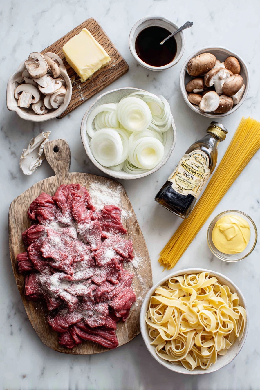Old Fashioned Beef Stroganoff, beef stroganoff recipe, classic beef stroganoff, creamy beef stroganoff, easy beef stroganoff - Flat lay of a generous pile of thinly sliced raw beef sirloin strips dusted with flour, a medium white onion sliced into rings, a small heap of sliced brown mushrooms, a pat of salted butter on a wooden board, a small bowl of rich beef broth next to a bottle of Worcestershire sauce, a dollop of creamy sour cream in a white ceramic bowl, a spoonful of Dijon mustard nearby, a bundle of uncooked egg noodles, and a drizzle of golden olive oil, all placed on a white marble surface, photo taken with an iphone --ar 2:3 --v 7