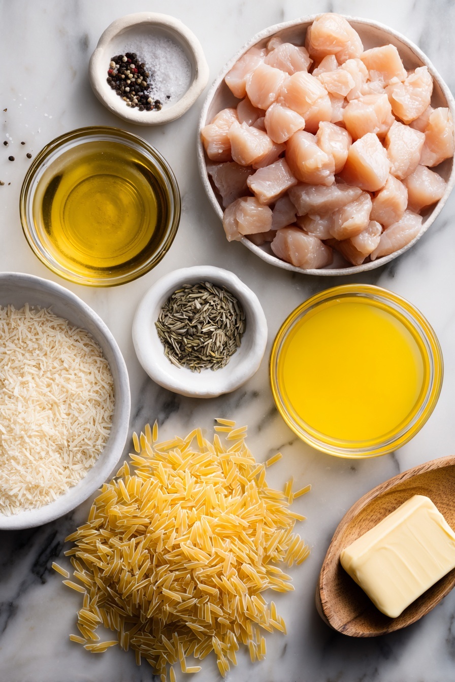 Lemon Chicken and Orzo, Lemon Chicken and Orzo dinner, easy lemon chicken pasta, one-pan lemon chicken, quick lemon chicken recipes - Flat lay of a small pile of cubed raw chicken breast, two tablespoons of golden olive oil in a glass bowl, a sprinkling of salt and garlic powder in small dishes, a few twists of black peppercorns, a clear bowl filled with chicken broth, a small glass container of bright yellow lemon juice, a mound of uncooked orzo pasta, a small heap of dried basil leaves, a half cup of grated Parmesan cheese spilling slightly from a bowl, and a quarter cup of salted butter on a wooden butter dish, placed on a white marble surface, photo taken with an iphone --ar 2:3 --v 7