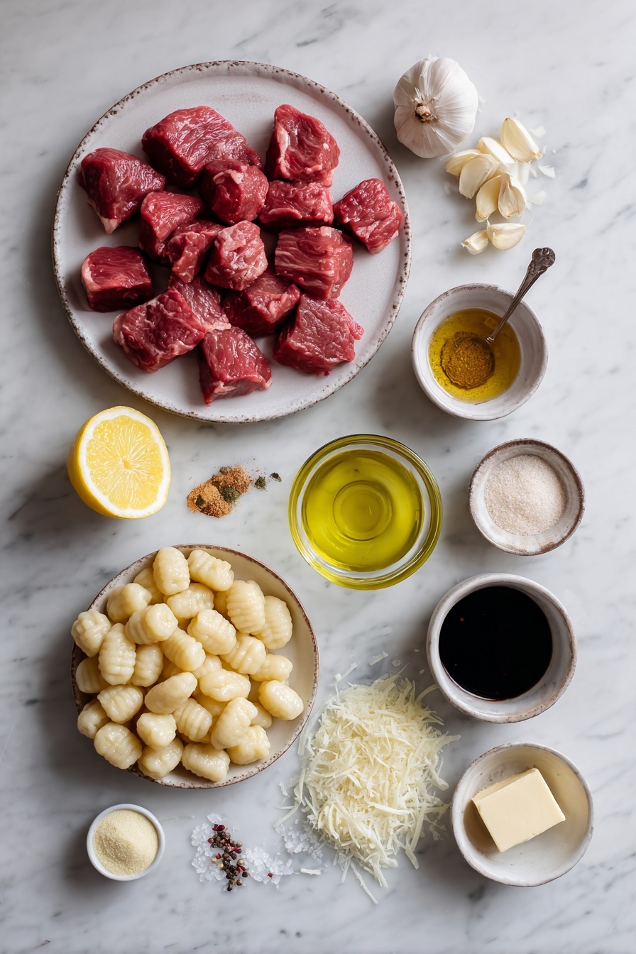 Steak Bites with Gnocchi in Garlic Parmesan Sauce, garlic parmesan steak and gnocchi, easy steak and gnocchi dinner, quick gourmet steak dish, flavorful steak bites recipe - Flat lay of a small pile of bite-sized raw beef sirloin pieces next to a few garlic cloves, a small dish of olive oil, a lemon cut in half with some juice visible, a small bowl of Worcestershire sauce, a tiny bowl of apple cider vinegar, small piles of onion powder, garlic powder, salt, and black pepper, a mound of uncooked gnocchi, a few pats of butter, and a small bowl of grated Parmesan cheese, all arranged neatly and placed on a white marble surface, photo taken with an iphone --ar 2:3 --v 7