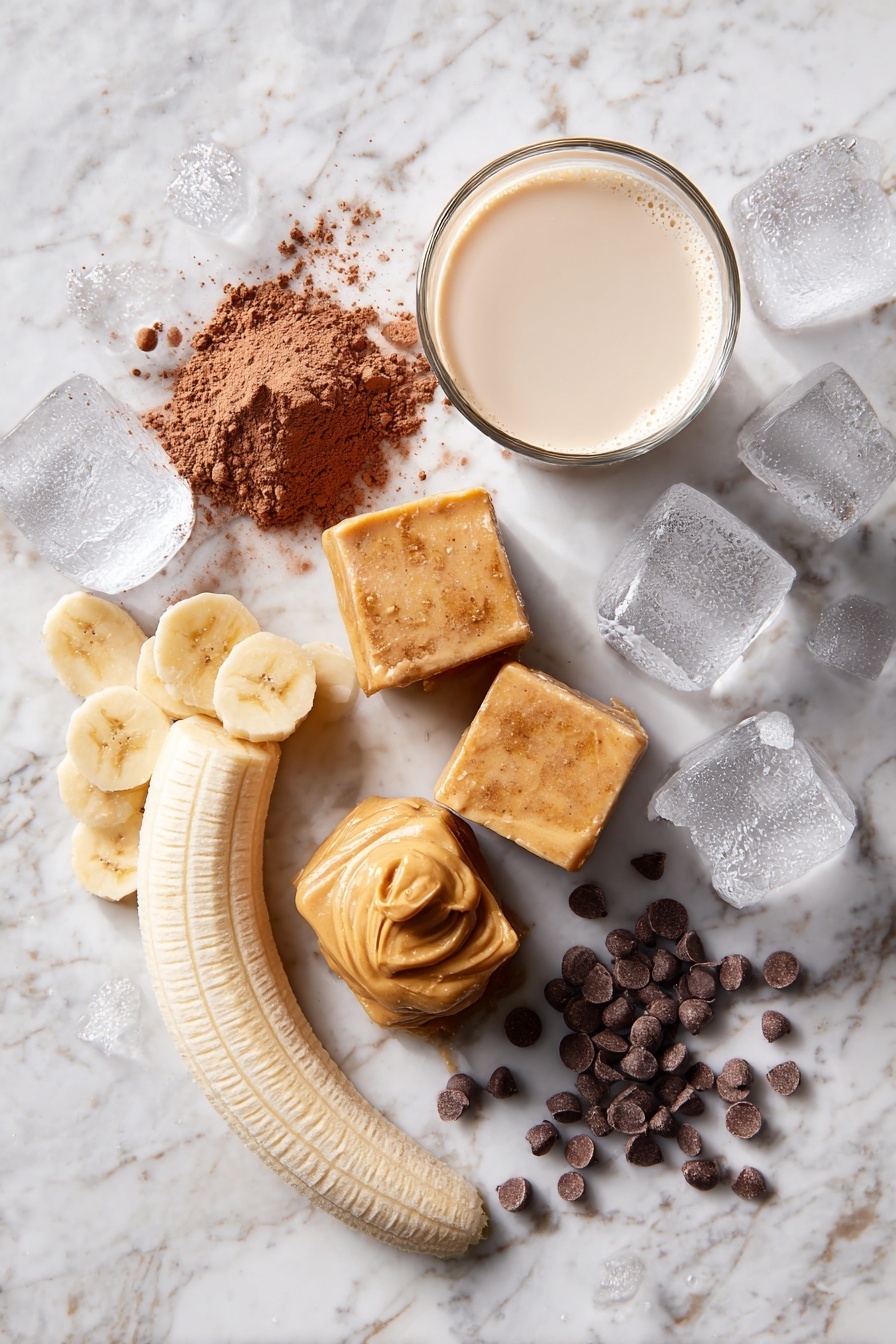 Vegan Protein Shake, plant-based protein smoothie, healthy vegan breakfast, dairy-free protein shake, quick vegan shake - Flat lay of a half frozen banana sliced into chunks, a small heap of creamy peanut butter, a scoop of rich chocolate protein powder, several large ice cubes scattered around, a small glass of vanilla soy milk poured lightly to show its creamy texture, and a handful of mini chocolate chips sprinkled near the peanut butter, placed on a white marble surface, photo taken with an iphone --ar 2:3 --v 7