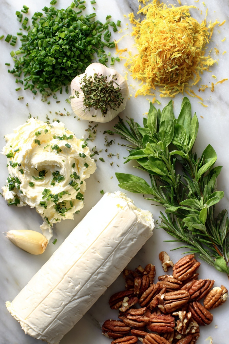 Garlic Herb Cheese Log, cheese appetizer, creamy cheese ball, herb cheese spread, pecan cheese log - Flat lay of a smooth log of chèvre goat cheese and softened cream cheese, fresh bright green chives, parsley, basil, and oregano finely chopped, a small pile of golden lemon zest, a peeled garlic clove, and a handful of chopped pecans scattered around, placed on a white marble surface, photo taken with an iphone --ar 2:3 --v 7