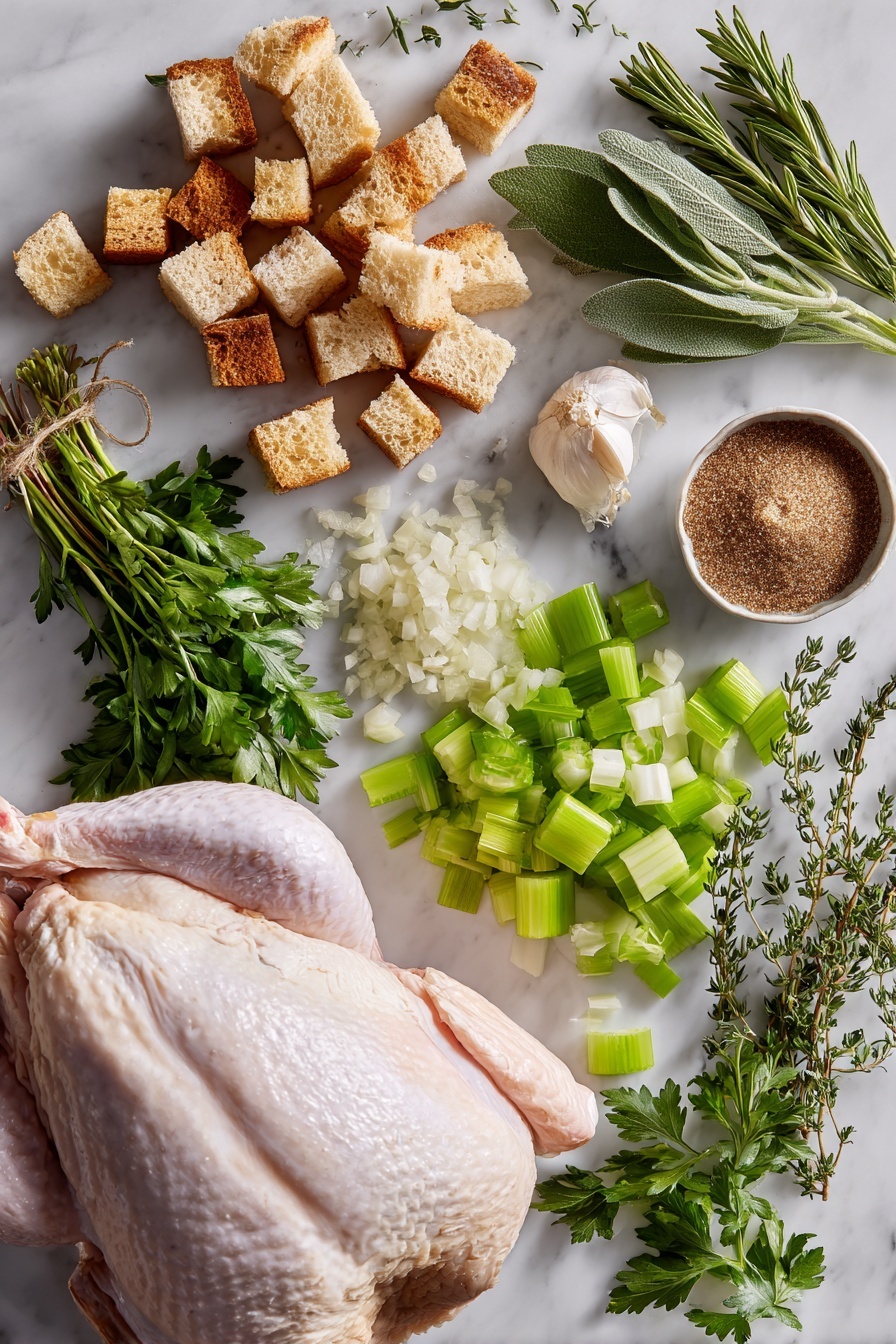 Sheet Pan Turkey and Stuffing, turkey and stuffing dinner, easy holiday casserole, one-pan turkey recipe, cozy weeknight meal - Flat lay of golden toasted bread cubes, fresh minced garlic cloves, diced white onion, crisp celery ribs, bright green chopped parsley, a bundle of fresh herbs including sage, thyme, and rosemary, a small bowl of rich brown sugar, and a raw boneless turkey breast with skin, placed on a white marble surface, photo taken with an iphone --ar 2:3 --v 7