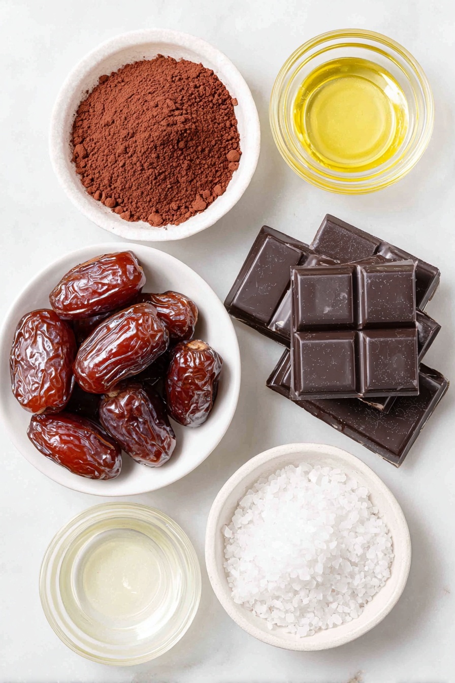 Cocoa Date Truffles, healthy chocolate truffles, natural sweetened treats, vegan dessert ideas, easy chocolate truffles - Flat lay of a small pile of glossy pitted dates, a small white ceramic bowl filled with rich dark brown cocoa powder, a few chunks of chopped dark chocolate, a small white ceramic bowl containing clear coconut oil, and a small white ceramic bowl with flaky sea salt crystals, all arranged in perfect symmetry on a clean white marble surface, soft natural light, photo taken with an iPhone, professional food photography style, fresh ingredients, white ceramic bowls, no bottles, no duplicates, no utensils, no packaging --ar 2:3 --v 7 --p awthu7i m7354615311229779997