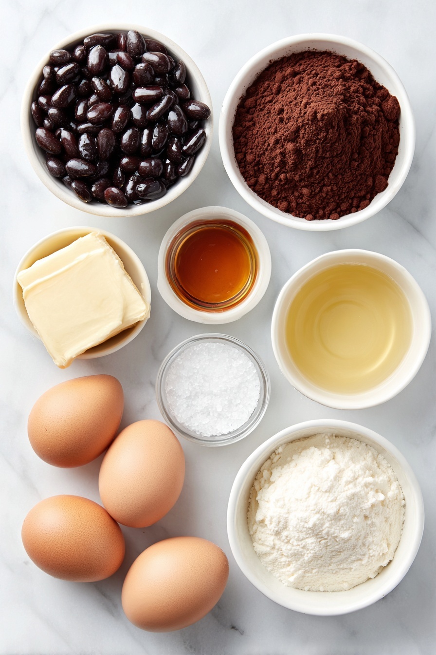 Healthy Chocolate Bean Snack Balls, chocolate bean snack balls, wholesome chocolate protein bites, healthy chocolate treats, quick healthy snack ideas - Flat lay of a small white ceramic bowl of shiny black beans, a small white ceramic bowl filled with rich dark cocoa powder, a few smooth, uncracked brown eggs with clean shells, a small white ceramic bowl holding pale golden coconut oil, a small white ceramic bowl of amber maple syrup, a small white ceramic bowl with fine white salt crystals, a tiny white ceramic bowl containing clear pure vanilla extract, and a tiny white ceramic bowl with a translucent pale liquid suggesting peppermint extract, all arranged with perfect symmetry and balanced proportions, placed on a clean white marble surface, soft natural light, photo taken with an iPhone, professional food photography style, fresh ingredients, white ceramic bowls, no bottles, no duplicates, no utensils, no packaging --ar 2:3 --v 7 --p awthu7i m7354615311229779997