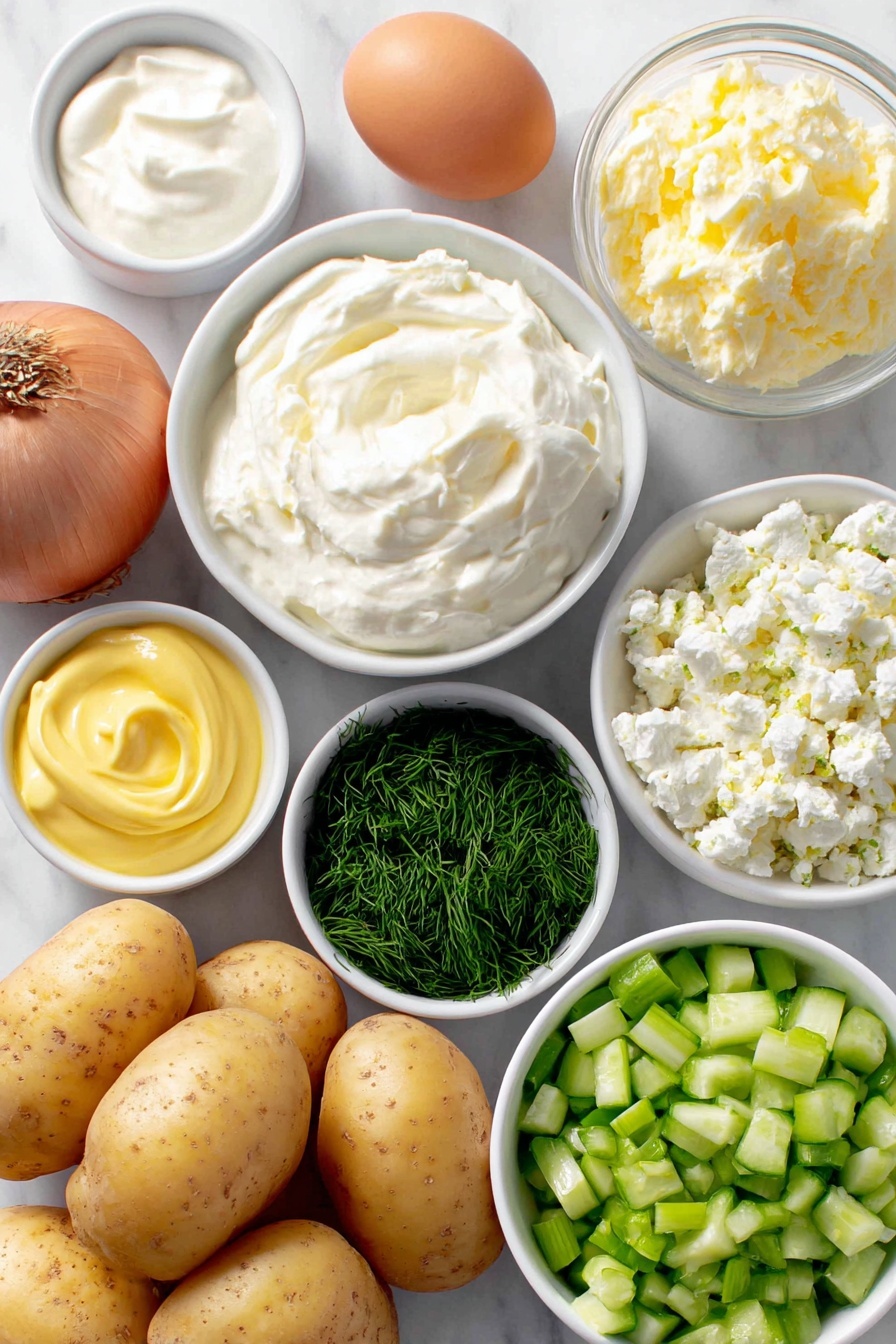 Smashed Potato Salad with Greek Yogurt Dressing, healthy potato salad, Greek yogurt potato side dish, easy smashed potato recipe, light summer potato salad - Flat lay of fresh baby Yukon gold potatoes with smooth golden skins, a small white bowl of rich olive oil, a whole uncracked brown egg with a clean shell, a small white bowl filled with creamy Greek yogurt, another small white bowl of thick pale mayonnaise, a small white bowl holding finely chopped bright green dill, a small white bowl with chopped fresh parsley leaves, a whole shallot with smooth purple-tinged skin, a single fresh garlic clove with papery white skin, a small white bowl of smooth yellow Dijon mustard, a small white bowl containing vibrant yellow lemon juice, a small white bowl filled with deep red wine vinegar, a small white bowl of crisp diced cucumber with light green flesh and dark green skin, a small white bowl of pale diced celery, a small white bowl with chunky diced bright green dill pickles, sliced green onions with white bulbs and long green stalks arranged neatly in a white bowl, and a small white bowl with crumbly white feta cheese for garnish, all arranged symmetrically and proportionally on a clean white marble surface, soft natural light, photo taken with an iPhone, professional food photography style, fresh ingredients, white ceramic bowls, no bottles, no duplicates, no utensils, no packaging --ar 2:3 --v 7 --p awthu7i m7354615311229779997