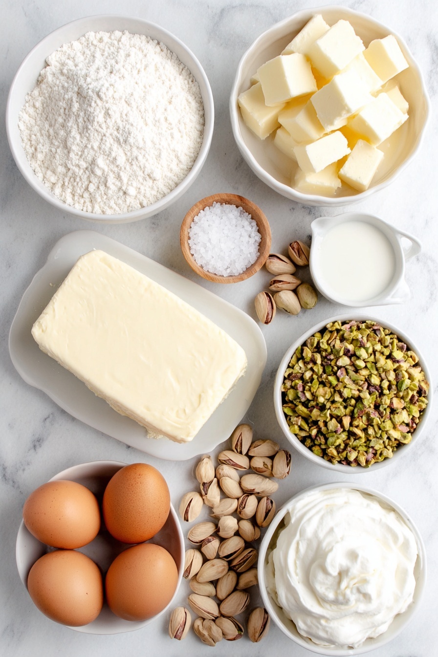 Pistachio Custard Pie Dessert, pistachio pie recipe, easy pistachio custard pie, nutty custard pie, elegant pie dessert - Flat lay of a small white ceramic bowl of all purpose flour, a small white ceramic bowl of white granulated sugar, a few sprigs of coarse salt crystals sprinkled nearby, several small cubes of cold salted butter arranged neatly, a small white ceramic bowl filled with finely chopped pistachios, a few whole lightly salted roasted pistachios scattered, a smooth block of cream cheese on a white ceramic plate, four whole uncracked brown eggs, a small white ceramic bowl containing whole milk, a small white ceramic bowl with a pale vanilla extract liquid, a small white ceramic bowl with almond extract liquid, and a dollop of fresh whipped cream in a small white ceramic bowl, all placed on a clean white marble surface, soft natural light, photo taken with an iPhone, professional food photography style, fresh ingredients, white ceramic bowls, no bottles, no duplicates, no utensils, no packaging --ar 2:3 --v 7 --p awthu7i m7354615311229779997