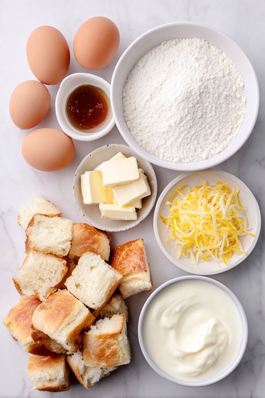 French Bread Custard Pudding with Vanilla Sauce, classic bread pudding, comforting dessert recipes, French bread dessert, vanilla sauce dessert - Flat lay of a crusty loaf of French bread cut into rustic cubes, a few whole uncracked brown eggs with clean shells, a small white ceramic bowl filled with fresh whole milk, another small white bowl holding rich heavy cream, a small white bowl with fine granulated sugar, a small white bowl containing golden vanilla extract liquid, and a few thin strips of bright orange zest arranged artfully, all placed on a clean white marble surface, soft natural light, photo taken with an iPhone, professional food photography style, fresh ingredients, white ceramic bowls, no bottles, no duplicates, no utensils, no packaging --ar 2:3 --v 7 --p awthu7i m7354615311229779997