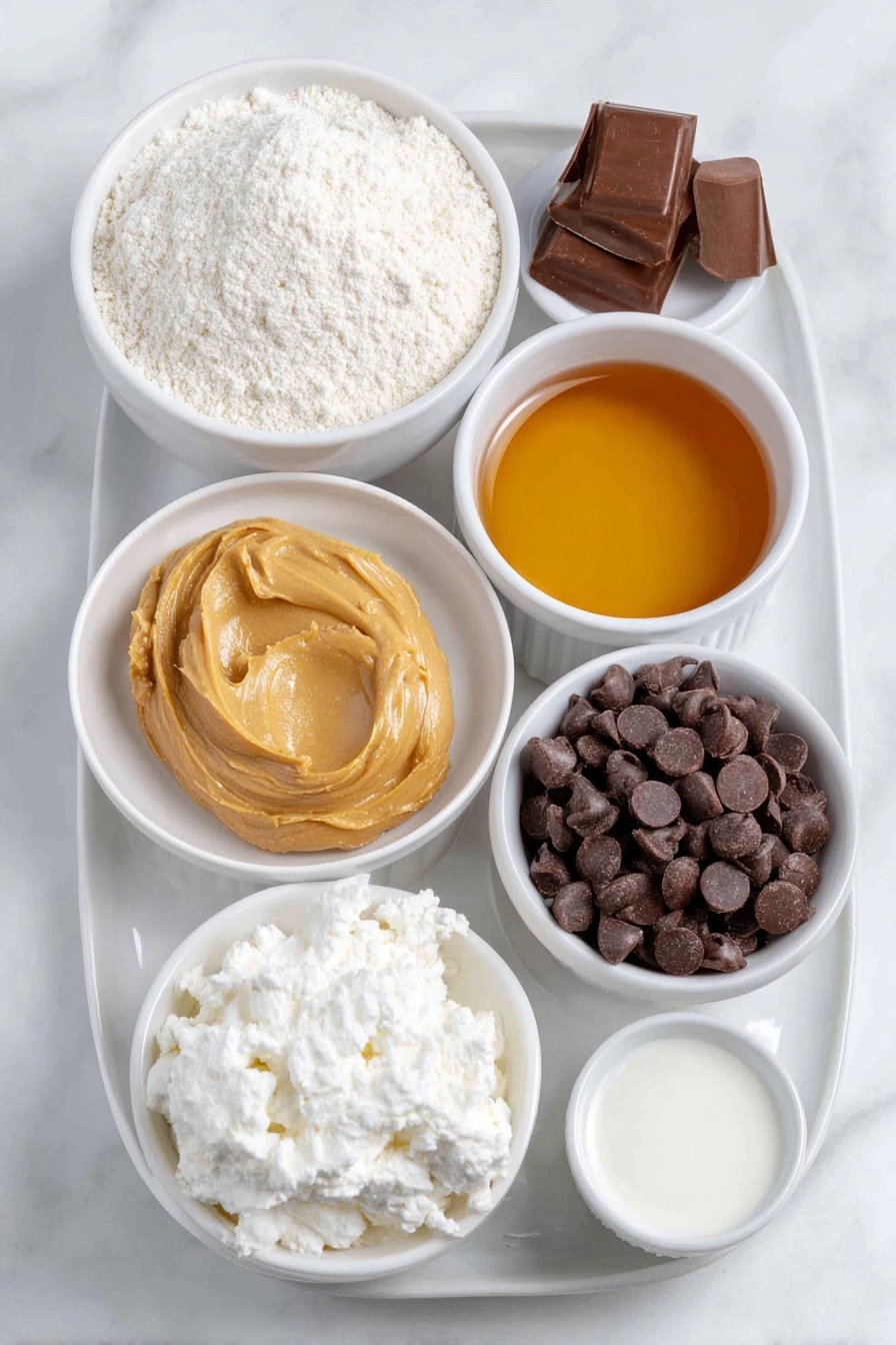 Protein Cookie Dough Bites, healthy cookie dough bites, no-bake protein snacks, high-protein dessert, quick healthy treats - Flat lay of a small white ceramic bowl of fine almond flour, a small white ceramic bowl of vanilla protein powder, a smooth dollop of creamy peanut butter on a simple white ceramic plate, a small white ceramic bowl filled with amber maple syrup, a small white ceramic bowl of creamy non-dairy milk, a few drops of vanilla extract in a tiny white ceramic bowl, and a small white ceramic bowl heaped with glossy dark chocolate chips, all arranged symmetrically and naturally fresh, placed on a clean white marble surface, soft natural light, photo taken with an iPhone, professional food photography style, fresh ingredients, white ceramic bowls, no bottles, no duplicates, no utensils, no packaging --ar 2:3 --v 7 --p m7354615311229779997