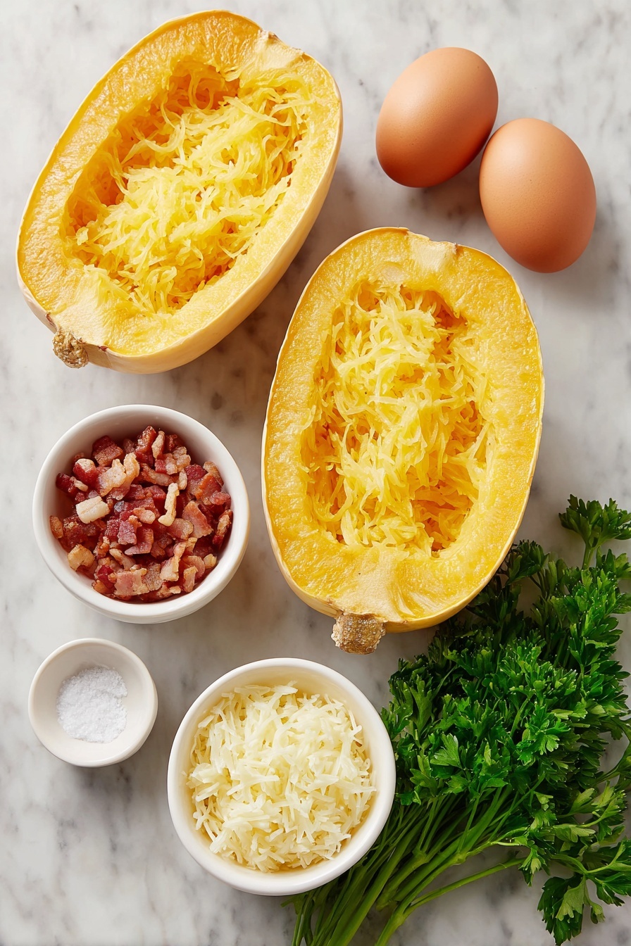 Spaghetti Squash Carbonara, healthy vegetable pasta, low-carb pasta recipes, cozy weeknight dinners, light Italian pasta dishes - Flat lay of a halved spaghetti squash showing bright yellow-orange flesh with visible strands, two whole brown eggs with clean shells, two small white ceramic bowls—one filled with finely grated pale yellow Parmesan cheese, the other with minced fresh garlic cloves, a small white ceramic bowl containing roughly chopped crispy bacon pieces with golden-brown edges, a few sprigs of fresh vibrant green parsley, and a small white ceramic bowl holding coarse kosher salt, all arranged in perfect symmetry on a clean white marble surface, soft natural light, photo taken with an iPhone, professional food photography style, fresh ingredients, white ceramic bowls, no bottles, no duplicates, no utensils, no packaging --ar 2:3 --v 7 --p m7354615311229779997
