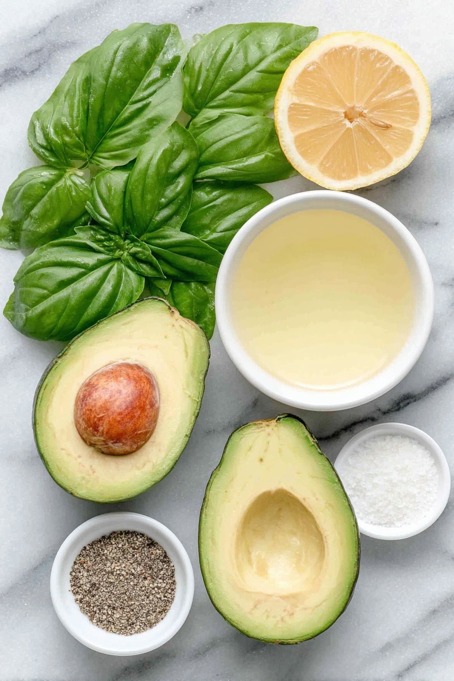 Avocado Lemon Pesto, avocado lemon sauce, homemade pesto, vegan pesto sauce, fresh green sauce - Flat lay of fresh bright green basil leaves spread out, a ripe halved avocado with creamy green flesh, a small white ceramic bowl filled with pale yellow lemon juice, a small white ceramic bowl of clear water, a small white ceramic bowl of coarse sea salt, a small white ceramic bowl with freshly ground black pepper, a small white ceramic bowl containing fine white garlic powder, all ingredients arranged in perfect symmetry on a clean white marble surface, soft natural light, photo taken with an iPhone, professional food photography style, fresh ingredients, white ceramic bowls, no bottles, no duplicates, no utensils, no packaging --ar 2:3 --v 7 --p m7354615311229779997