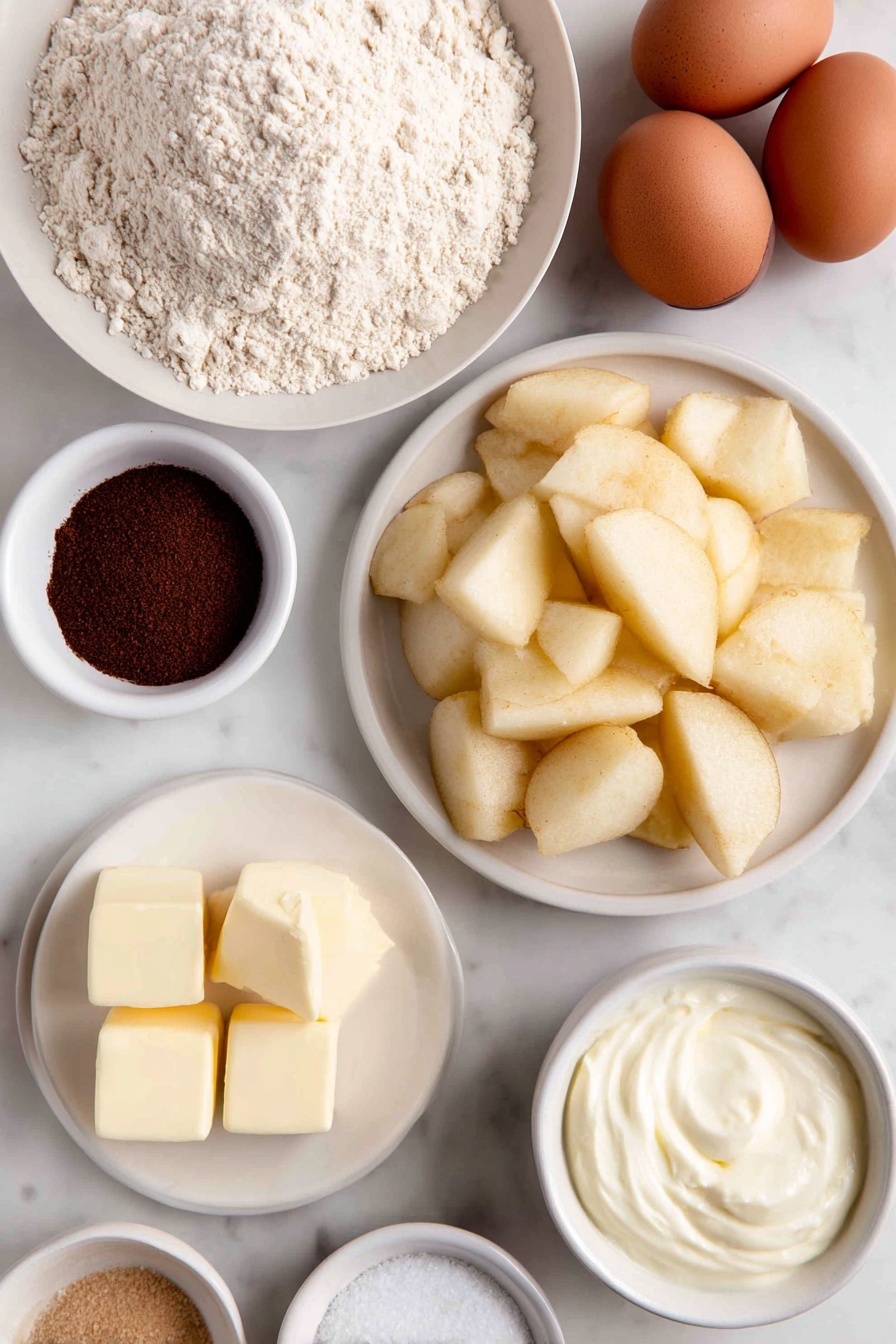 Apple Slab Pie, apple slab pie recipe, easy apple pie dessert, homemade apple slab pie, crowd-pleasing apple pie - Flat lay of a large simple white ceramic bowl filled with peeled, cored, and chopped fresh apples in half-inch chunks, a small white bowl of granulated sugar, a small white bowl of cornstarch, a small white bowl containing a spice mix of ground cinnamon, ground nutmeg, ground allspice, and table salt, a few cubes of cold unsalted butter arranged neatly on a plain white ceramic plate, a small white bowl of all-purpose flour, a small white bowl of sugar, a small white bowl of table salt, a whole lemon cut in half nearby with some lemon juice visible on a small white bowl, a few whole brown eggs with clean uncracked shells resting on a white ceramic plate, a small white bowl of heavy cream, and a small white bowl of very cold water, all placed on a clean white marble surface, soft natural light, photo taken with an iPhone, professional food photography style, fresh ingredients, white ceramic bowls, no bottles, no duplicates, no utensils, no packaging --ar 2:3 --v 7 --p m7354615311229779997