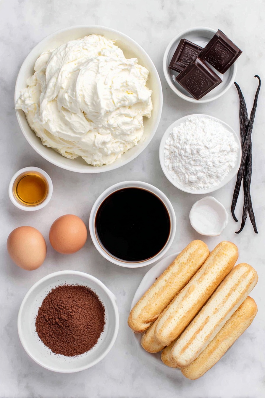 Easy Individual Tiramisu Cups, individual tiramisu dessert, quick tiramisu recipe, no-bake tiramisu cups, elegant coffee dessert - Flat lay of a small mound of fresh mascarpone cheese, a small white ceramic bowl of cold heavy whipping cream, a small white bowl filled with fine powdered sugar, a single vanilla bean pod beside a small white bowl of clear vanilla extract, a few whole uncracked brown eggs, a small white bowl with amber brandy, a shallow white ceramic bowl filled with dark cooled espresso, a neat stack of golden ladyfinger biscuits, a small white bowl with unsweetened cocoa powder, and a few dark chocolate curls scattered nearby, all arranged symmetrically and balanced, placed on a clean white marble surface, soft natural light, photo taken with an iPhone, professional food photography style, fresh ingredients, white ceramic bowls, no bottles, no duplicates, no utensils, no packaging --ar 2:3 --v 7 --p m7354615311229779997