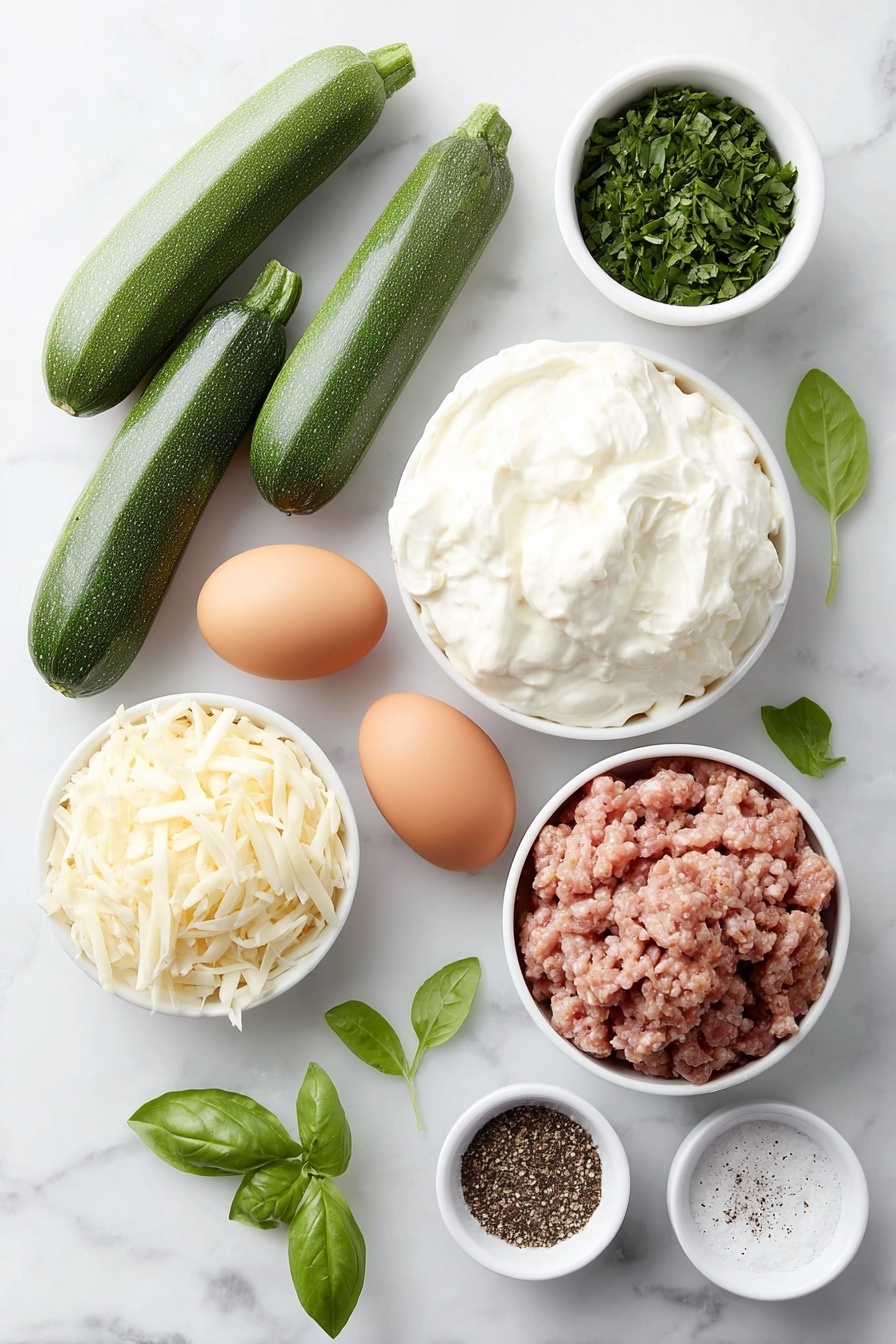 Cheesy Zucchini Rollatini with Italian Sausage, Italian zucchini rollatini, cheesy zucchini stuffed rolls, Italian sausage appetizer, easy zucchini dinner - Flat lay of three small green zucchinis sliced into very thin long strips, a mound of creamy white ricotta cheese, a portion of raw ground Italian sausage with pinkish-brown tones, shredded white mozzarella cheese, grated pale yellow parmesan cheese, one whole brown egg with a smooth shell, a small white bowl of finely chopped fresh green basil leaves, a small white bowl of chopped fresh parsley, a small white bowl of coarse salt crystals, a small white bowl of ground black pepper, arranged in perfect symmetry on a clean white ceramic surface, placed on a clean white marble surface, soft natural light, photo taken with an iPhone, professional food photography style, fresh ingredients, white ceramic bowls, no bottles, no duplicates, no utensils, no packaging --ar 2:3 --v 7 --p m7354615311229779997