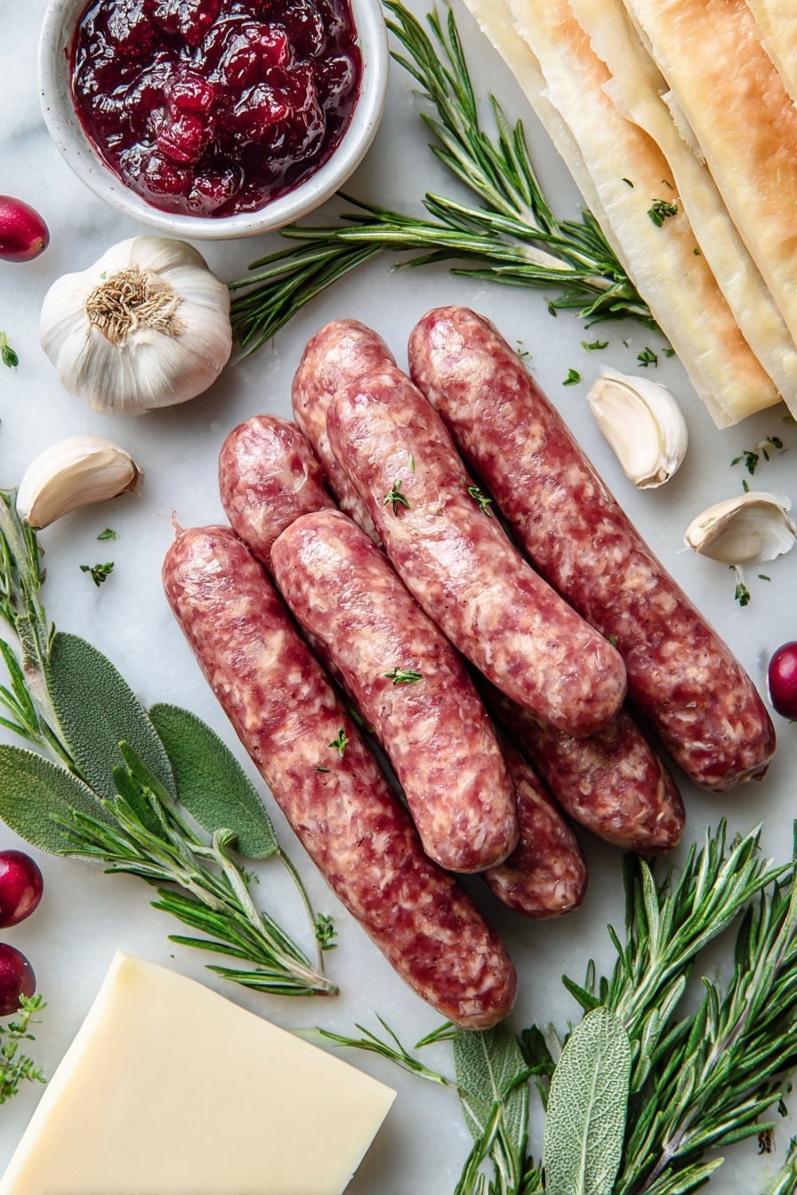 Sausage Cranberry Brie Bites, festive appetizer ideas, holiday party snacks, savory puff pastry appetizers, easy holiday appetizers - Flat lay of fresh Johnsonville Italian sausage links with their rich, slightly marbled texture, whole garlic cloves with papery white skin, vibrant green sprigs of rosemary and sage with delicate leaves, a smooth, creamy block of pale ivory brie cheese with its white rind, bright red jellied cranberry sauce glistening with a glossy finish, and a sheet of frozen puff pastry showing light layers of dough, all naturally arranged in a casual yet balanced layout, placed on white marbled surface, photo taken with an iphone --ar 2:3 --v 7