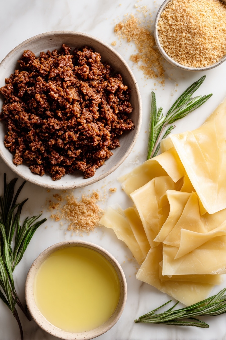 Vegan Sausage Rolls, plant-based sausage rolls, vegan puff pastry snacks, homemade vegan sausage filling, easy vegan party snacks - Flat lay of fresh, raw vegan sausage crumbles with a rich, meaty texture in deep brown tones, surrounded by golden, flaky sheets of frozen puff pastry gently folded, scattered light beige vegan panko breadcrumbs adding a crumbly texture, and a small pool of smooth, melted vegan butter with a soft yellow hue, all arranged naturally with a few sprigs of green herbs for a pop of color, placed on white marbled surface, photo taken with an iphone --ar 2:3 --v 7