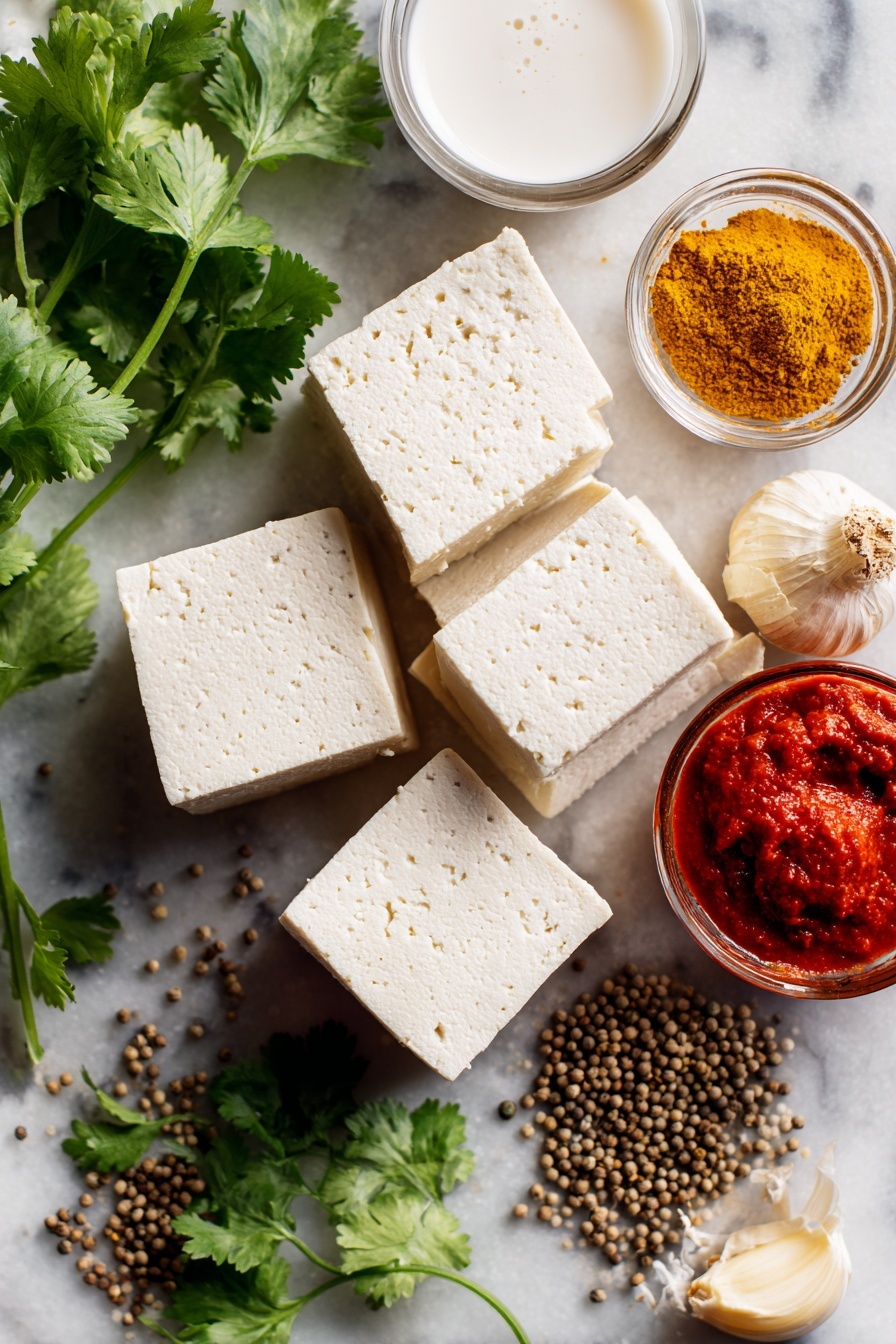 Vegan Butter Chicken, plant-based Indian curry, dairy-free butter chicken, vegan Indian recipes, tofu vegan curry - Flat lay of extra-firm tofu blocks with a smooth, creamy white texture beside a small pile of bright yellow garam masala and warm brown curry powder, fresh light beige garlic cloves and a knob of pale yellow grated ginger, a glossy dollop of deep red tomato paste, rich white coconut milk in a small clear container, and a handful of vibrant green chopped cilantro leaves, all naturally arranged with a few scattered whole coriander seeds, placed on white marbled surface, photo taken with an iphone --ar 2:3 --v 7