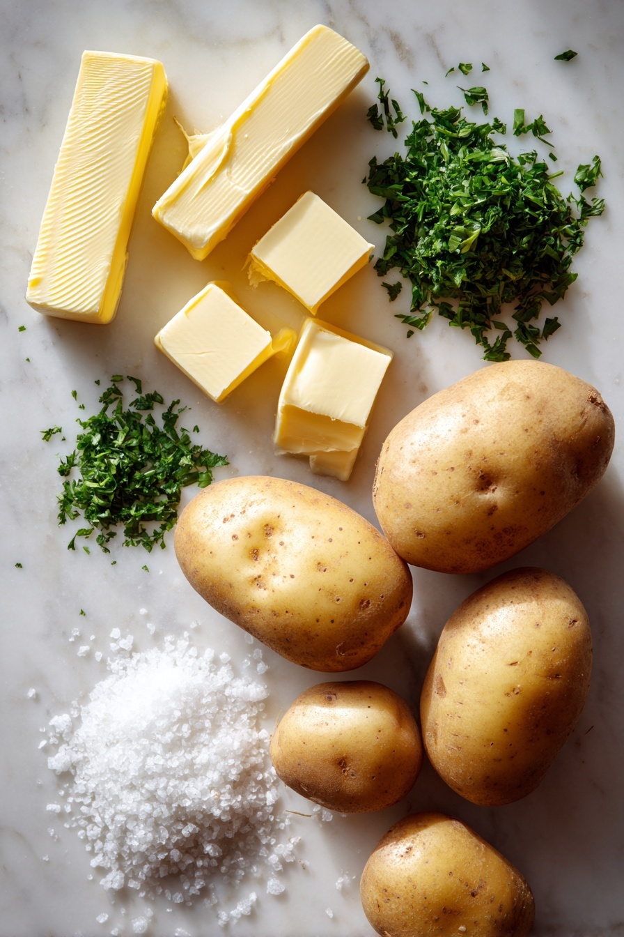 Best Mashed Potatoes, Creamy Mashed Potatoes, Fluffy Mashed Potatoes, Buttery Mashed Potatoes, Easy Mashed Potatoes - Flat lay of peeled russet potatoes with smooth, creamy white flesh, golden sticks of unsalted butter at room temperature, a small pile of finely chopped fresh green parsley, and a small mound of coarse sea salt crystals, all arranged naturally with soft shadows and varying textures, placed on white marbled surface, photo taken with an iphone --ar 2:3 --v 7