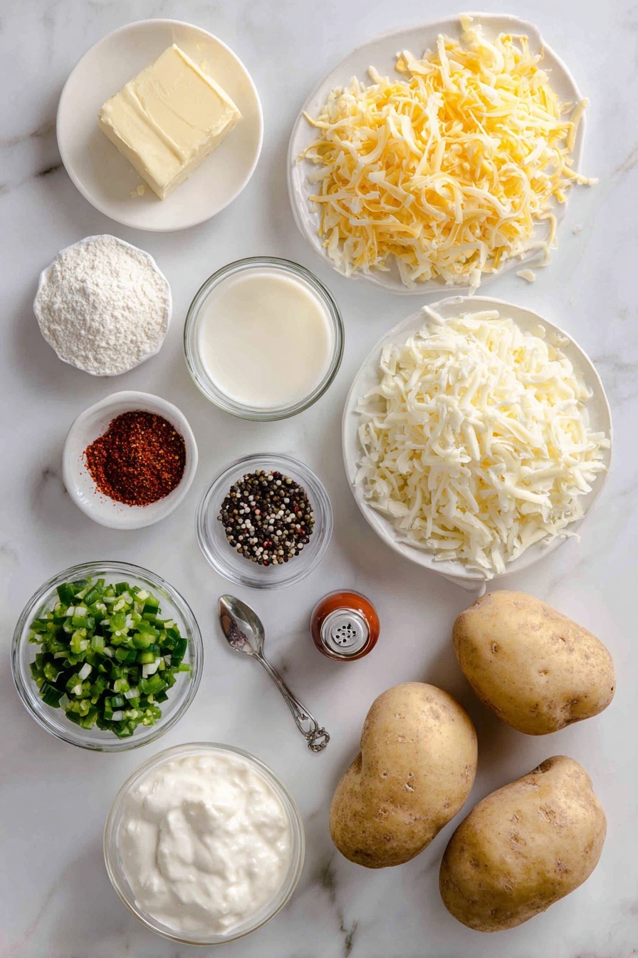 Hobo Casserole, hearty casserole recipe, easy dinner idea, comfort food casserole, ground beef potato bake - Flat lay of a small pat of salted butter next to one medium white onion finely diced, a small mound of all-purpose flour, a clear glass of chicken broth, a matching glass of heavy cream, a small bowl of sour cream, a modest pile of diced green chiles, a spoonful of garlic powder, a small bottle of hot sauce, scattered black peppercorns and salt crystals, two pounds of raw ground beef shaped loosely, three large russet potatoes peeled with a few thin slices fanned out, and a generous handful of shredded cheddar cheese, all placed on a white marble surface, photo taken with an iphone --ar 2:3 --v 7