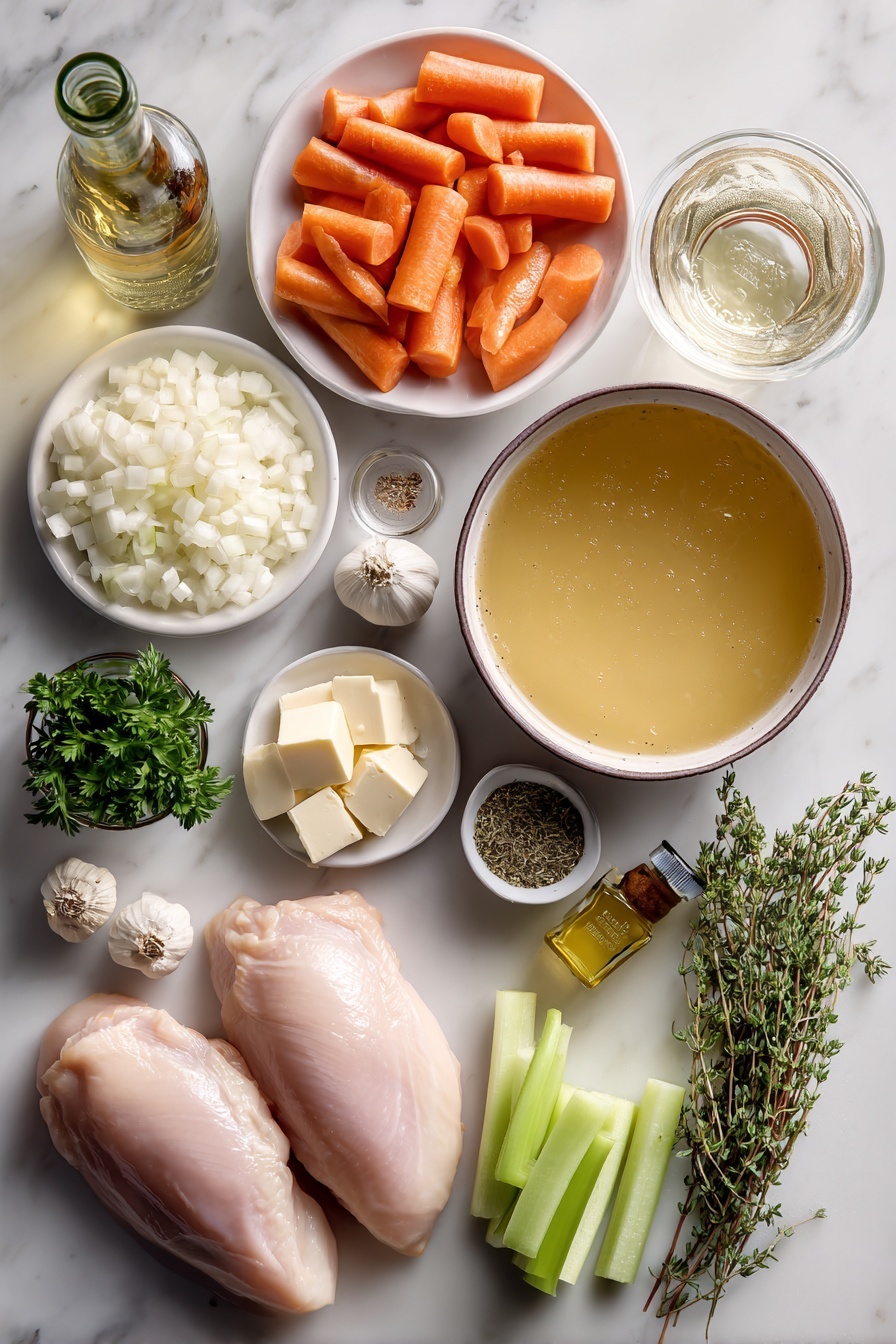 Creamy Chicken Soup, hearty chicken soup, homemade chicken soup, comforting chicken soup, easy chicken soup - Flat lay of one and a half boneless skinless chicken breasts, a medium white onion diced, a small pile of minced garlic cloves totaling about six, four bright orange carrots cut into bite-sized chunks, four sliced celery ribs, a small mound of all-purpose flour, a small glass with a pale liquid representing cooking wine, a large bowl of golden chicken broth, a bowl of creamy heavy cream, four dried bay leaves, small piles of ground sage, dried rosemary, and dried thyme, a few pats of salted butter, a small bottle of olive oil, and a small bunch of fresh chopped parsley placed on a white marble surface, photo taken with an iphone --ar 2:3 --v 7