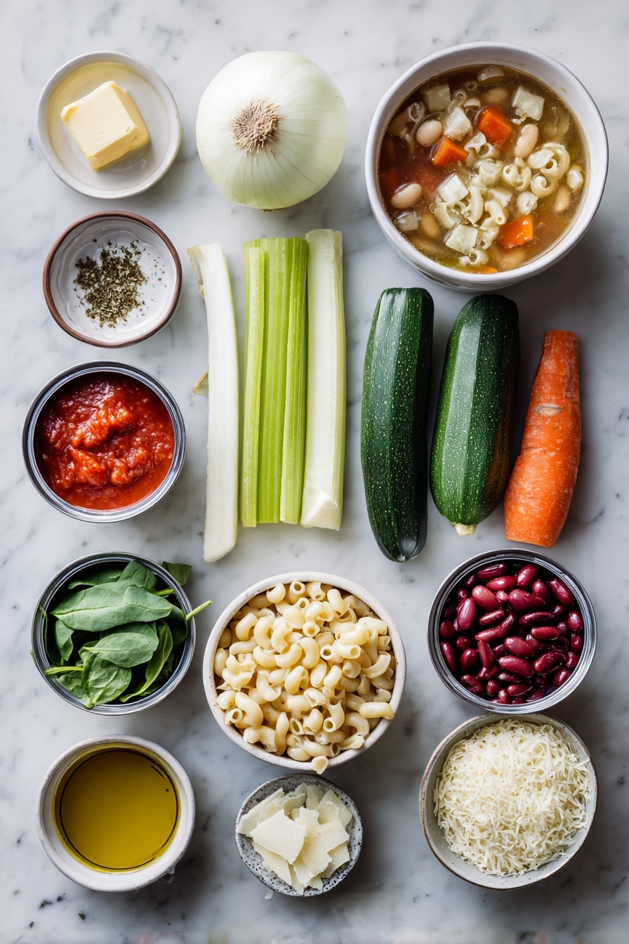 Easy Minestrone Soup, hearty vegetable soup, quick Italian soup, healthy minestrone recipe, comforting veggie soup - Flat lay of two tablespoons of salted butter, a small dish of olive oil, one medium white onion whole, three medium celery ribs, four medium carrots, three medium zucchini, a small bowl of minced garlic, an opened can of diced tomatoes with juice, two opened cans of beans—white cannellini and kidney, a large bowl of vegetable broth, small piles of dried basil and oregano, a modest handful of elbow macaroni, a small cup of roughly chopped baby spinach, and a small bowl of grated parmesan cheese placed on a white marble surface, photo taken with an iphone --ar 2:3 --v 7
