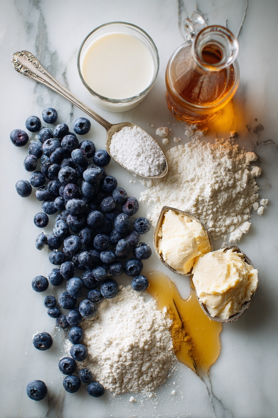 Vegan Blueberry Pancakes, plant-based breakfast, dairy-free pancakes, fluffy vegan pancakes, blueberry pancake recipe - Flat lay of fresh blueberries spilling from a small cluster, a glass of creamy unsweetened soy milk, a few rustic scoops of all purpose flour, golden melted vegan butter glistening in a small puddle, a bottle of amber apple cider vinegar with a slight sheen, a sprinkle of granulated sugar crystals casting tiny sparkles, and a light dusting of baking powder powdery white piles arranged neatly, all placed on a white marble surface, photo taken with an iphone --ar 2:3 --v 7