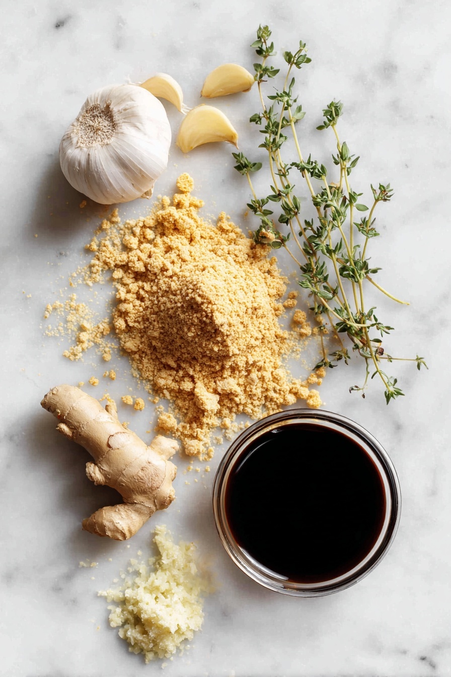 Honey Ginger Seitan with Crispy Pan-Fried Coating, vegan seitan recipes, crispy vegan protein, homemade seitan with ginger, savory vegan dinner ideas - Flat lay of vital wheat gluten in a small mound, golden nutritional yeast flakes, bright fresh garlic cloves, a small pile of grated fresh ginger, a glossy pool of dark soy sauce, light golden agave syrup, dried thyme sprigs, and a few scattered chickpea flour grains, all beautifully arranged on a white marble surface, photo taken with an iphone --ar 2:3 --v 7