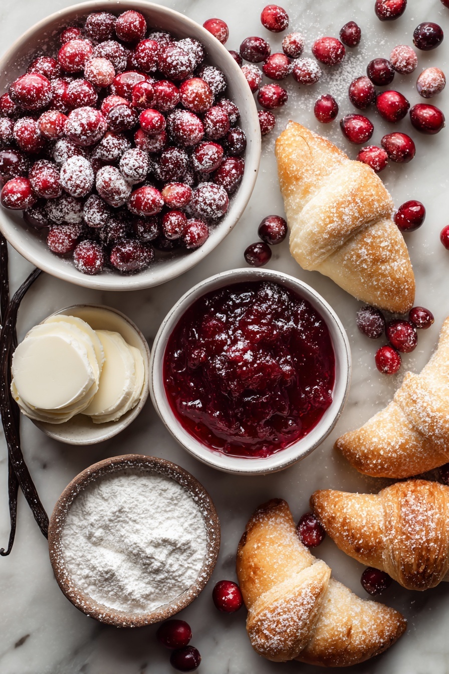 Cranberry Cheesecake Rolls, Cranberry Cheesecake Rolls recipe, easy cranberry dessert, holiday pastry recipes, creamy cranberry pastries - Flat lay of fresh whole berry cranberries glistening with deep red hues, smooth blocks of cream cheese softly textured and creamy white, delicate crescent roll dough triangles slightly dusted with powdered sugar, small piles of fine white powdered sugar, a vanilla bean pod for visual interest, and a small bowl of rich red cranberry sauce, all beautifully arranged with a pinch of coarse sugar crystals scattered lightly around, placed on a white marble surface, photo taken with an iphone --ar 2:3 --v 7