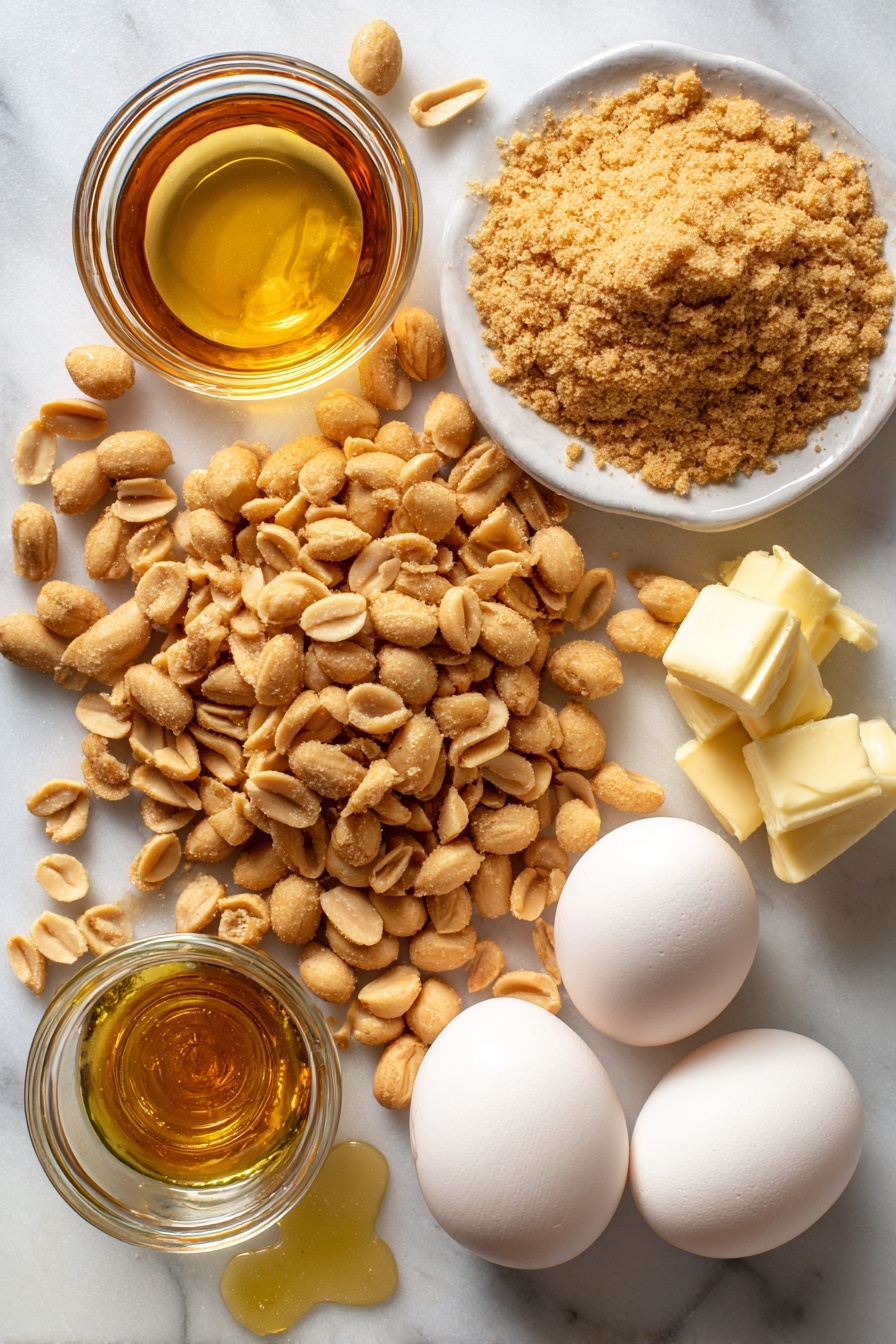 Virginia Peanut Pie, Southern peanut pie, peanut dessert, homemade peanut pie recipe, easy peanut pie - Flat lay of whole roasted salted peanuts piled next to roughly crushed peanut pieces, a small glass jar of light golden corn syrup shimmering in the light, a heap of packed light brown sugar with a soft, sandy texture, three large fresh eggs with smooth shells, a small puddle of melted pale yellow unsalted butter, and a clear glass bottle of rich vanilla extract with its deep amber color, all beautifully arranged on a white marble surface, photo taken with an iphone --ar 2:3 --v 7