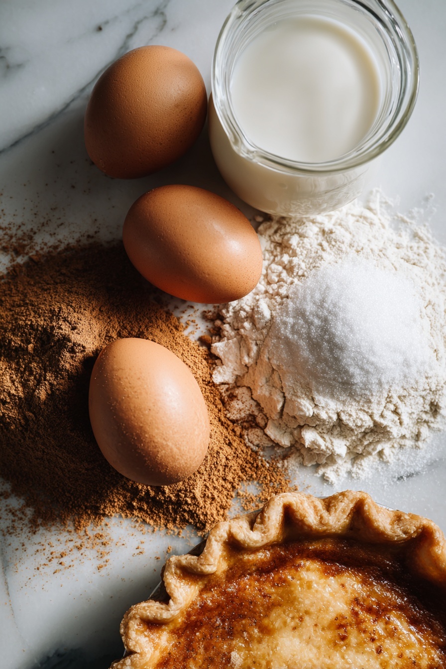 Bob Andy Pie, Southern dessert recipes, custard pie with spices, easy pie recipes, nostalgic dessert ideas - Flat lay of three large fresh eggs with smooth brown shells, a glass jug of creamy whole milk, a small mound of granulated white sugar sparkling under the light, a heap of fine all-purpose flour dusted softly, warm brown ground cinnamon sprinkled artfully, a small pile of golden nutmeg powder, and a rolled-out unbaked pie crust showing its golden, flaky texture, all beautifully arranged with space between them and gentle natural lighting, placed on a white marble surface, photo taken with an iphone --ar 2:3 --v 7