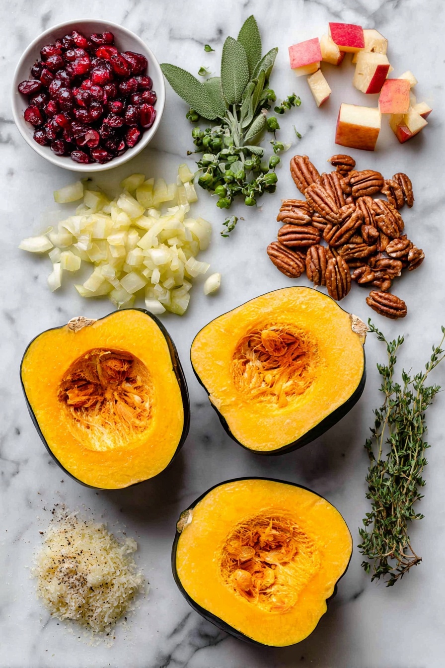 Stuffed Acorn Squash with Turkey Apples Cranberries Pecans, stuffed acorn squash dinner, fall squash recipes, hearty turkey stuffed squash, easy holiday squash dish - Flat lay of two acorn squash halved with vibrant orange flesh, a handful of chopped green fresh sage leaves, sprigs of thyme with tiny green leaves, a small pile of chopped yellow onion, two peeled garlic cloves, diced red apple pieces, a scattering of bright red dried cranberries, a cluster of chopped brown pecans, and a small mound of grated pale parmesan cheese, all beautifully arranged on a white marble surface, photo taken with an iphone --ar 2:3 --v 7