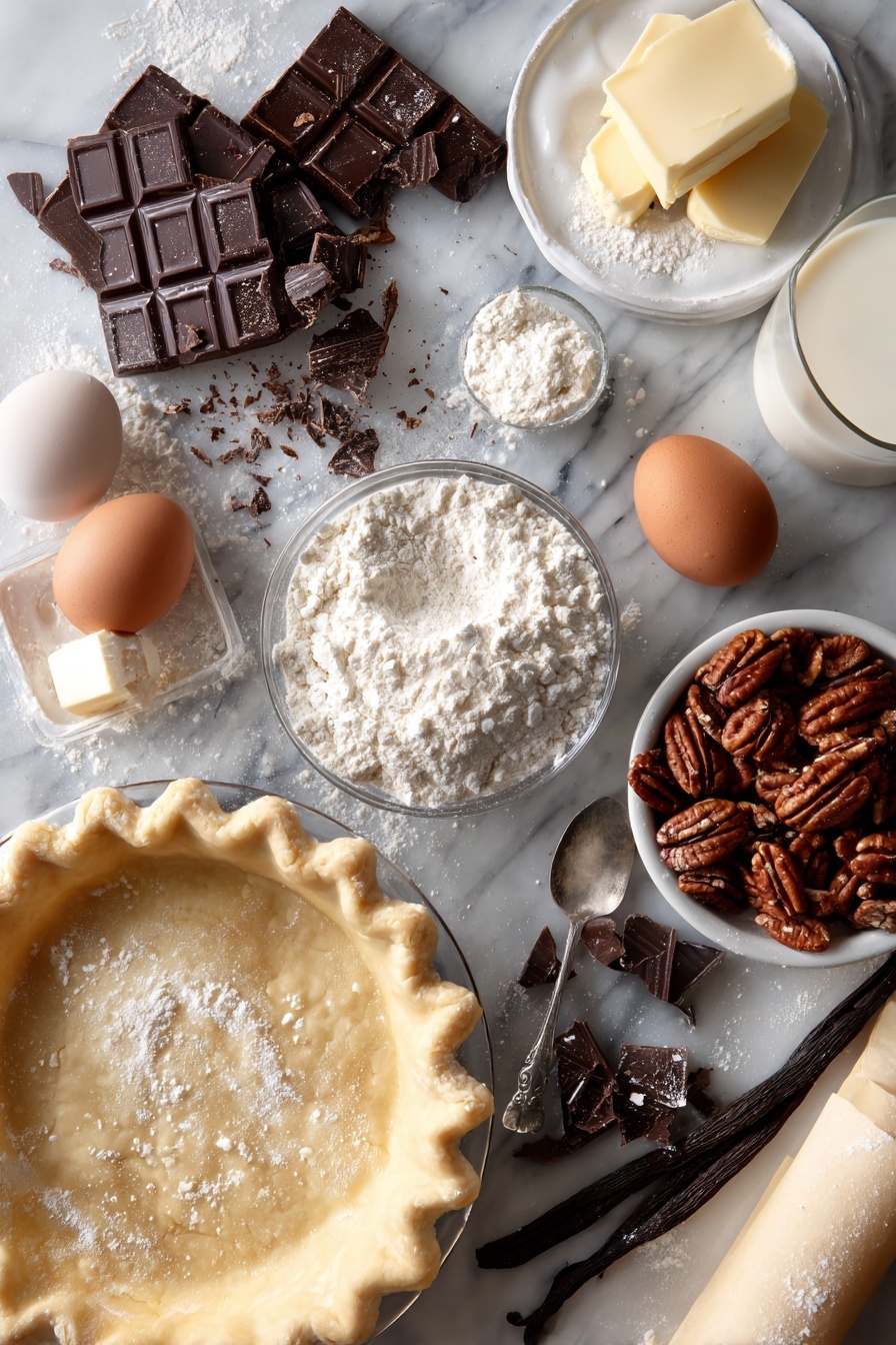 Colonial Innkeeper's Pie, layered chocolate pie, nostalgic dessert recipes, pecan dessert, comforting pie recipes - Flat lay of whole unsweetened chocolate pieces, chopped pecans, a stick of softened butter, granulated sugar crystals, a fresh large egg, a small glass of whole milk, vanilla beans and a rolled unbaked pie crust, beautifully arranged with a small pile of sifted all-purpose flour and a teaspoon of baking powder placed on a white marble surface, photo taken with an iphone --ar 2:3 --v 7
