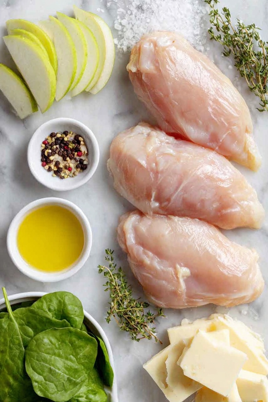 Apple and Brie Stuffed Chicken, stuffed chicken breast with apple and brie, easy stuffed chicken recipes, savory stuffed chicken ideas, quick apple and brie chicken - Flat lay of four raw boneless skinless chicken breasts with smooth pale pink flesh, a small heap of coarse kosher salt crystals, a few whole black peppercorns, fresh green thyme sprigs, a small handful of vibrant baby spinach leaves, thinly sliced pale green apple arranged neatly, creamy white wedges of Brie cheese with soft rind, two small white bowls containing glossy Dijon mustard and coarse ground mustard seeds, and a small white bowl with golden extra-virgin olive oil, all placed on a clean white marble surface, soft natural light, photo taken with an iPhone, professional food photography style, fresh ingredients, white ceramic bowls, no bottles, no duplicates, no utensils, no packaging --ar 2:3 --v 7 --p awthu7i m7354615311229779997