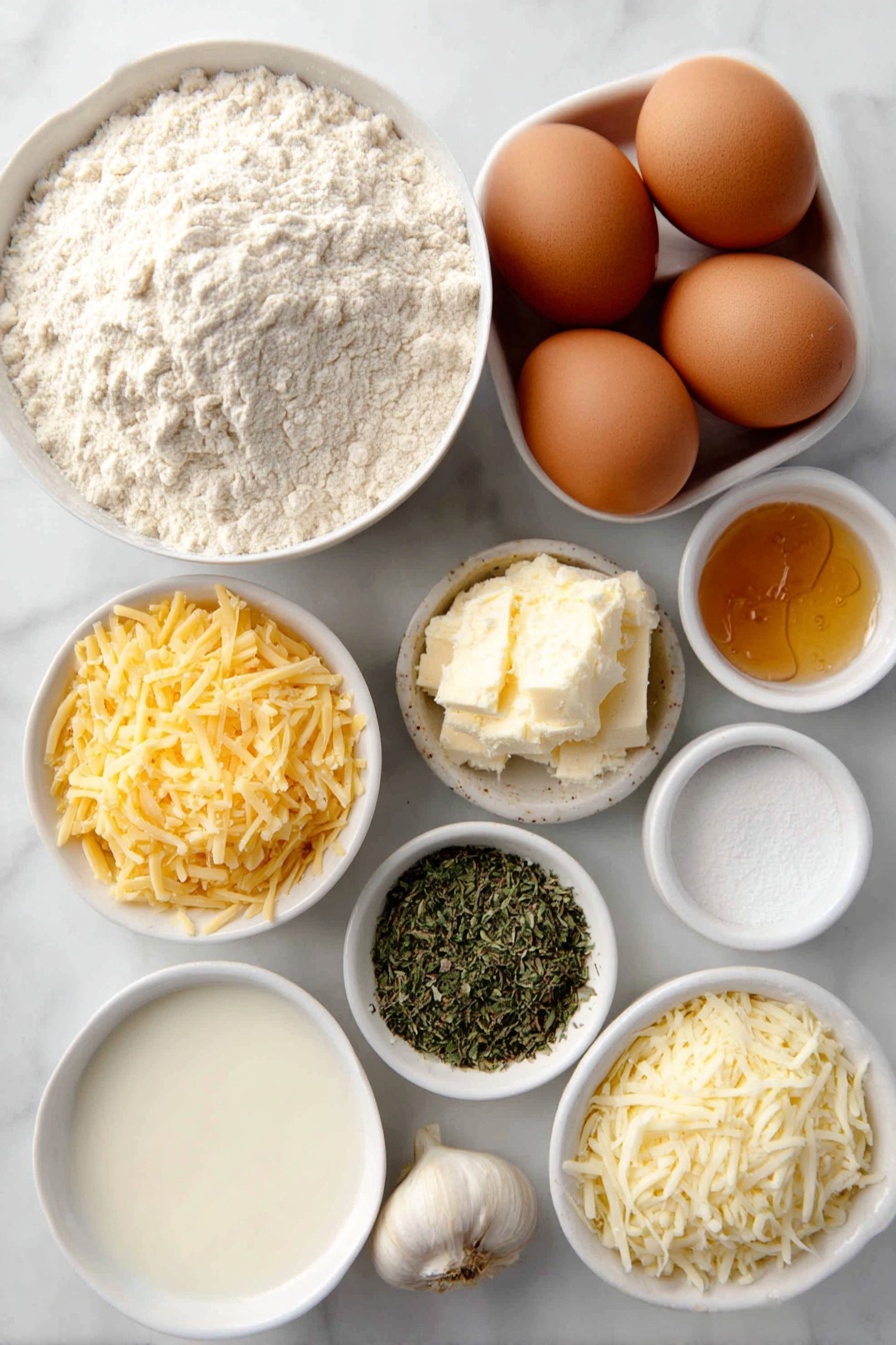 Garlic Herb Cheddar Cheese Bread, cheesy garlic bread, homemade cheesy bread, herb cheese bread, easy garlic bread recipe - Flat lay of a small white ceramic bowl of warm whole milk, a small white ceramic bowl of golden honey, three whole large brown eggs with clean shells, a small heap of all-purpose flour dusted lightly nearby, a teaspoon of coarse kosher salt in a small white ceramic bowl, a small white ceramic bowl of crumbled active dry yeast, a small pile of shredded bright orange cheddar cheese, a small pile of shredded creamy white mozzarella cheese, a small white ceramic bowl of finely grated pale parmesan cheese, a small white ceramic bowl filled with a mix of fresh chopped Italian herbs including sage, oregano, basil, and thyme, and two whole fresh garlic cloves alongside a small white ceramic bowl containing freshly grated garlic, all arranged symmetrically and balanced, placed on a clean white marble surface, soft natural light, photo taken with an iPhone, professional food photography style, fresh ingredients, white ceramic bowls, no bottles, no duplicates, no utensils, no packaging --ar 2:3 --v 7 --p awthu7i m7354615311229779997