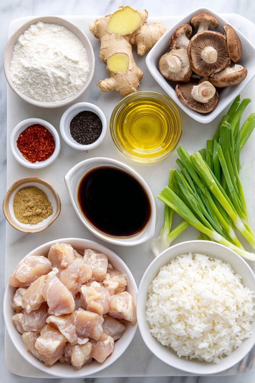 Black Pepper Mushroom Chicken Stir Fry, easy mushroom chicken stir fry, quick weeknight chicken stir fry, flavorful mushroom chicken dish, Asian-style chicken mushroom stir fry - Flat lay of boneless skinless chicken thighs cut into cubes, a small bowl of cornstarch, a small white bowl with low-sodium soy sauce, a few coarse black peppercorns and ground black pepper, a few fresh shiitake, oyster, cremini, and button mushrooms thinly sliced, a small bunch of green onions cut into 1-inch pieces, three whole garlic cloves unpeeled, a small piece of fresh ginger root with grated portion visible, a small white bowl of light brown sugar, a small white bowl of oyster sauce, a small white bowl of sesame oil, a small white bowl of rice wine vinegar, a few scattered coarse kosher salt crystals, and a simple mound of steamed white rice on a white ceramic plate placed on a clean white marble surface, soft natural light, photo taken with an iPhone, professional food photography style, fresh ingredients, white ceramic bowls, no bottles, no duplicates, no utensils, no packaging --ar 2:3 --v 7 --p awthu7i m7354615311229779997