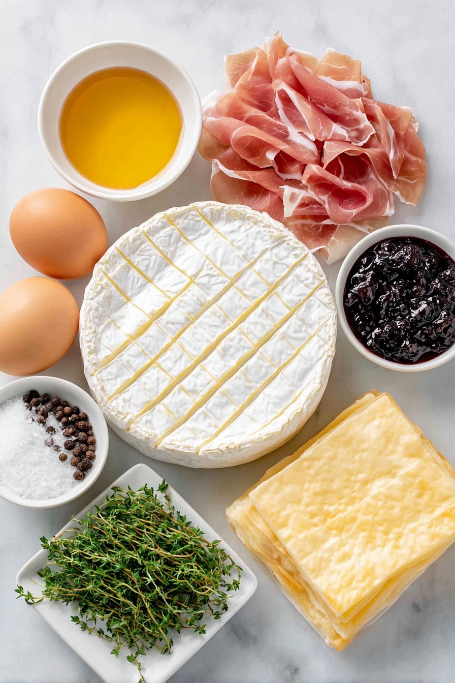 Prosciutto Baked Brie with Puff Pastry, baked brie appetizer, prosciutto wrapped cheese, holiday appetizer recipes, elegant holiday snacks - Flat lay of a whole wheel of brie cheese with a crosshatch cut on top, a few thin slices of pink prosciutto arranged neatly, a small white bowl of golden honey, a small white bowl of dark fig preserves, a small pile of fresh green thyme leaves, a few twists of freshly cracked black peppercorns, one whole uncracked brown egg, a white ceramic square plate holding a sheet of thawed puff pastry, and a small white bowl of coarse sparkling sugar, all placed on a clean white marble surface, soft natural light, photo taken with an iPhone, professional food photography style, fresh ingredients, white ceramic bowls, no bottles, no duplicates, no utensils, no packaging --ar 2:3 --v 7 --p awthu7i m7354615311229779997