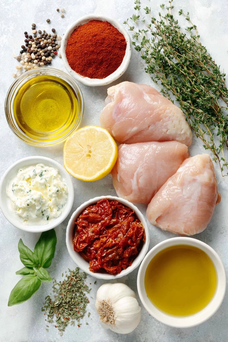 One-Pan Tzatziki Chicken and Orzo, Greek-inspired chicken and orzo, Easy Mediterranean chicken dinner, One-pan chicken recipes, Tzatziki chicken pasta - Flat lay of extra virgin olive oil in a small white ceramic bowl, vibrant red tomato paste in a small white bowl, a small pile of smoked paprika powder, six peeled garlic cloves, a whole fresh lemon with zest and two lemon wedges, a small pinch of red chili flakes on white ceramic dish, kosher salt and black peppercorns scattered next to each other, two plump boneless raw chicken thighs, a small pat of salted butter, a few fresh thyme sprigs, dry orzo pasta scattered neatly, chopped oil-packed sun-dried tomatoes in a small white bowl, a small white bowl filled with golden chicken broth, mixed fresh herbs including basil and thyme, and a small white bowl containing creamy tzatziki sauce, all arranged symmetrically with realistic proportions on a clean white marble surface, soft natural light, photo taken with an iPhone, professional food photography style, fresh ingredients, white ceramic bowls, no bottles, no duplicates, no utensils, no packaging --ar 2:3 --v 7 --p m7354615311229779997