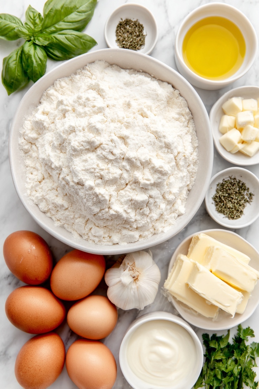Vegan Garlic Herb Bread, vegan garlic bread, homemade garlic herb bread, plant-based garlic bread, best vegan garlic bread - Flat lay of a small mound of strong white bread flour, a large white ceramic bowl filled with lukewarm water, three whole brown eggs with clean shells, a small white bowl of golden olive oil, a small white bowl of creamy unsweetened almond milk, a small white bowl of softened vegan butter, eight fresh whole garlic cloves, a small white bowl with dried parsley, a small white bowl with dried thyme, a handful of fresh coriander sprigs, and a handful of fresh basil leaves, all arranged in perfect symmetry and natural proportions, placed on a clean white marble surface, soft natural light, photo taken with an iPhone, professional food photography style, fresh ingredients, white ceramic bowls, no bottles, no duplicates, no utensils, no packaging --ar 2:3 --v 7 --p m7354615311229779997
