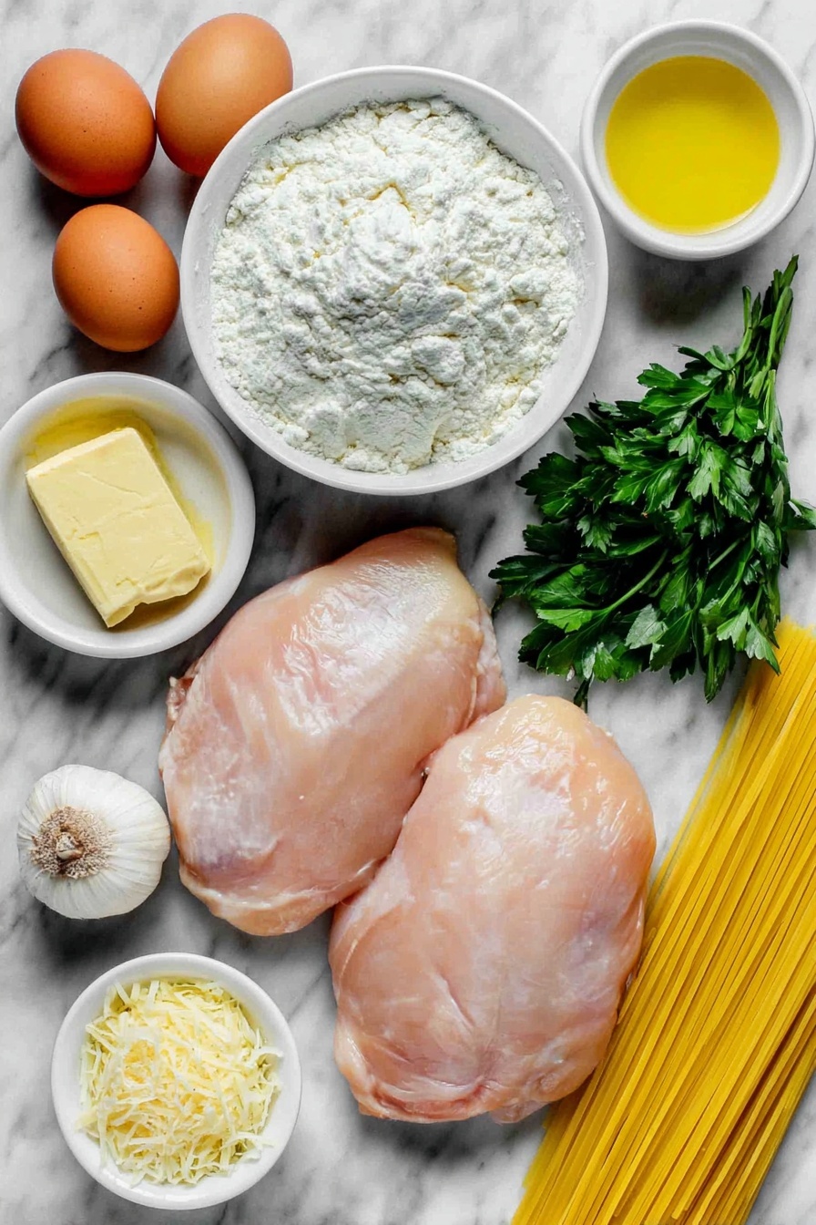 Creamy Lemon Chicken Breast, lemon chicken with creamy sauce, easy lemon chicken recipe, crispy chicken with lemon sauce, quick lemon chicken dinner - Flat lay of two large raw chicken breasts with smooth pale pink skin, a small mound of all-purpose flour in a white ceramic bowl, a few whole uncracked brown eggs, a small white bowl with a pat of unsalted butter, one garlic bulb with two separated peeled cloves, a small white bowl filled with golden yellow lemon juice, a small bunch of fresh parsley sprigs, a small white bowl of heavy cream, a small white bowl of finely grated pale yellow parmesan cheese, a few strands of uncooked linguine pasta neatly aligned, and a small white bowl of chicken broth with a light golden hue, placed on a clean white marble surface, soft natural light, photo taken with an iPhone, professional food photography style, fresh ingredients, white ceramic bowls, no bottles, no duplicates, no utensils, no packaging --ar 2:3 --v 7 --p m7354615311229779997