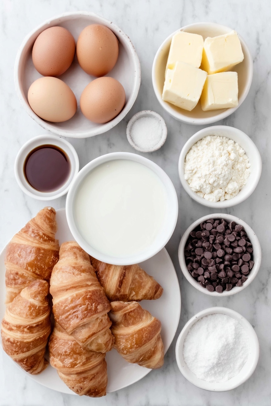 Chocolate Croissant Breakfast Bake, decadent brunch ideas, egg and croissant casserole, chocolate breakfast casserole, easy brunch recipes - Flat lay of six whole uncracked brown eggs, a small white ceramic bowl of whole milk, a small white ceramic bowl of heavy cream, a small white ceramic bowl of granulated sugar, a small white ceramic bowl of vanilla extract, a small white ceramic bowl of salt, six fresh golden croissants torn into 1-inch cubes arranged neatly on a simple white ceramic plate, and a small white ceramic bowl of glossy semi-sweet chocolate chips, placed on a clean white marble surface, soft natural light, photo taken with an iPhone, professional food photography style, fresh ingredients, white ceramic bowls, no bottles, no duplicates, no utensils, no packaging --ar 2:3 --v 7 --p m7354615311229779997