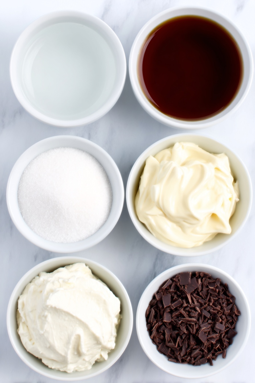 Coffee Mousse, coffee mousse recipe, easy coffee dessert, homemade coffee mousse, silky coffee mousse - Flat lay of a small white ceramic bowl of dark brown instant coffee granules, a small white ceramic bowl of clear water, a small white ceramic bowl filled with fine white granulated sugar, a small white ceramic bowl containing pale beige powdered gelatine, a small white ceramic bowl with clear vanilla extract, a small white ceramic bowl overflowing with cold, thick white whipping cream, and a small white ceramic bowl with dark chocolate shavings, all arranged in perfect symmetry and balanced proportions, placed on a clean white marble surface, soft natural light, photo taken with an iPhone, professional food photography style, fresh ingredients, white ceramic bowls, no bottles, no duplicates, no utensils, no packaging --ar 2:3 --v 7 --p m7354615311229779997