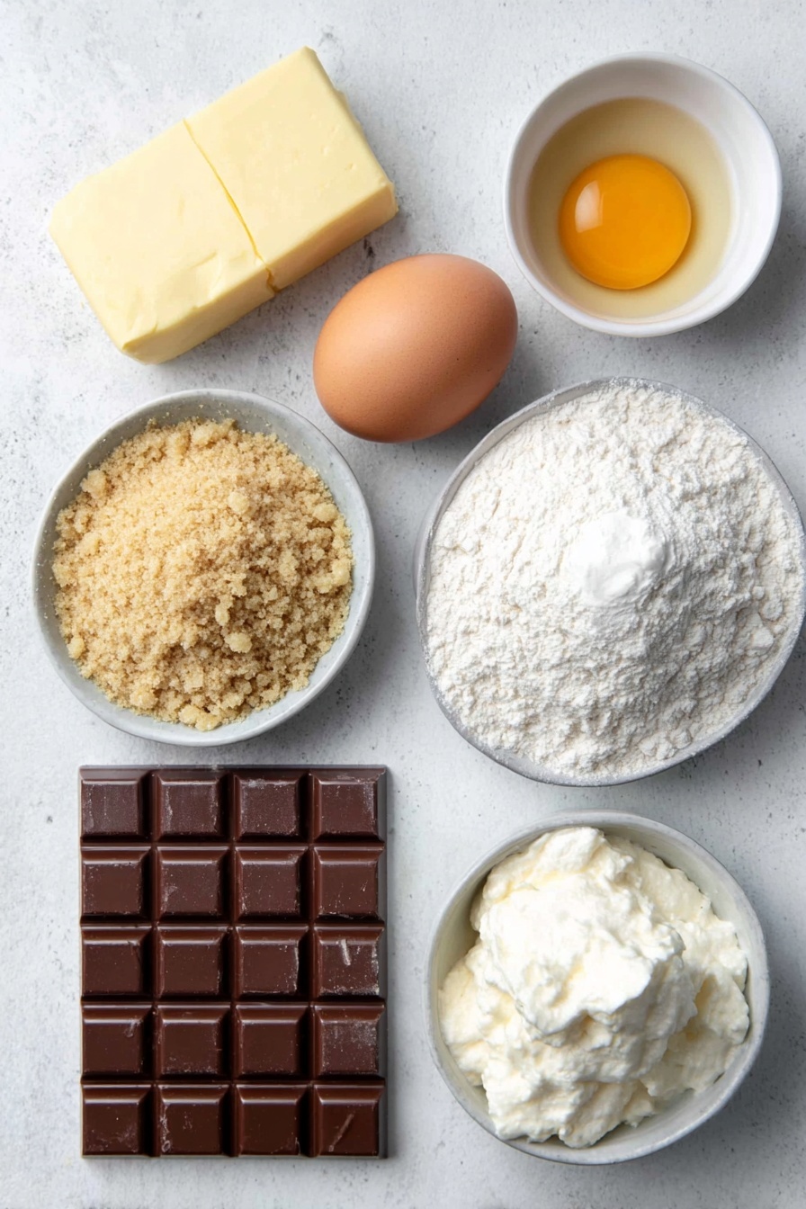 S'mores Cookie Bars, S'mores Cookie Bars Recipe, no-bake s'mores bars, marshmallow chocolate bars, campfire dessert bars - Flat lay of a soft pat of butter, a small mound of light and dark brown sugar crystals side by side, a single clean whole brown egg, a small white ceramic bowl of smooth vanilla extract, a neat pile of all-purpose flour, a small heap of finely crushed graham cracker crumbs, a pinch of coarse salt crystals, a small mound of baking soda powder, five unwrapped Hershey chocolate bars arranged neatly, and a dollop of fluffy marshmallow creme in a small white bowl, all placed on a clean white marble surface, soft natural light, photo taken with an iPhone, professional food photography style, fresh ingredients, white ceramic bowls, no bottles, no duplicates, no utensils, no packaging --ar 2:3 --v 7 --p m7354615311229779997