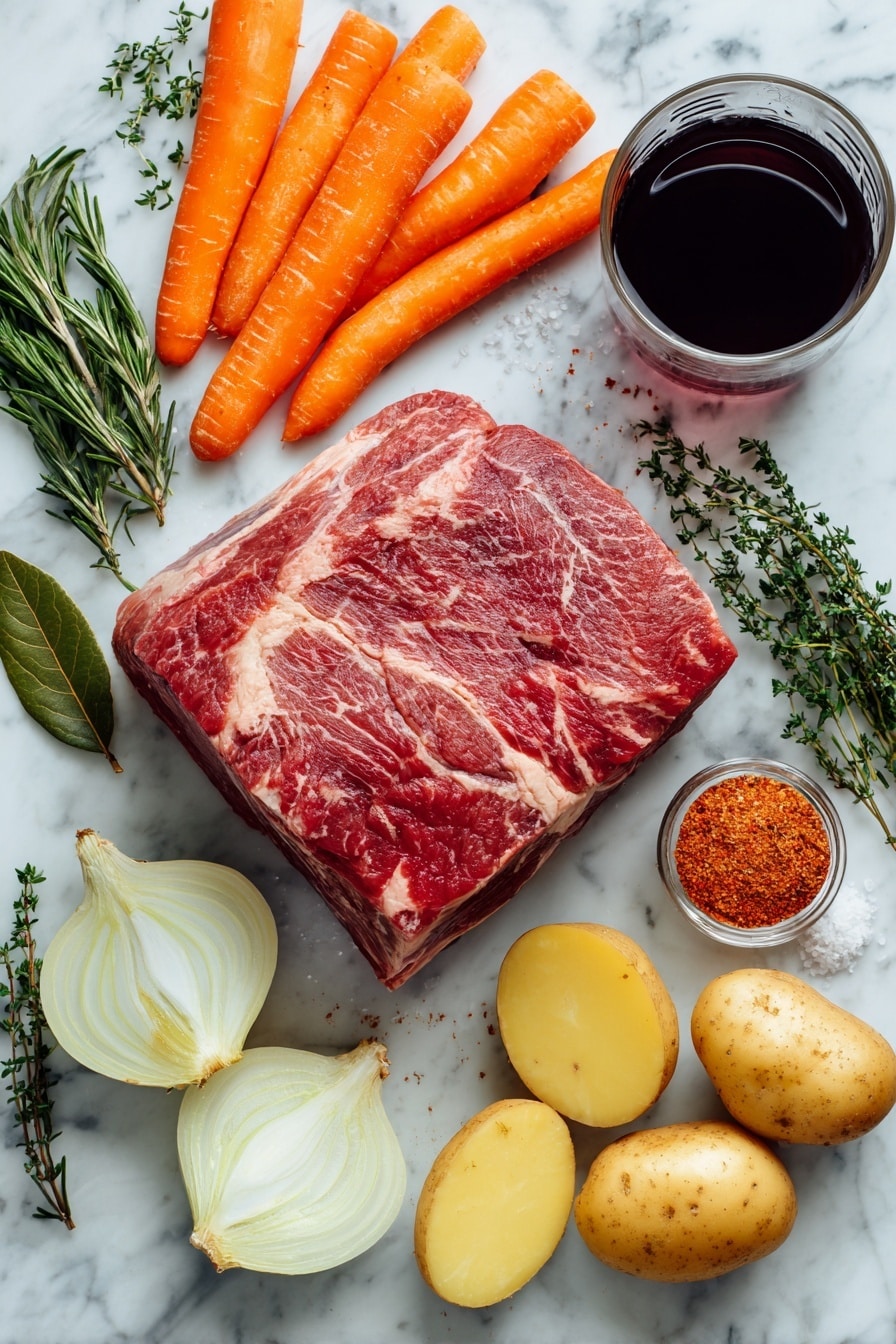 Slow Cooker Pot Roast with Root Vegetables and Red Wine Gravy, hearty beef stew, slow cooker beef recipes, comfort food dinner ideas, easy pot roast recipes - Flat lay of a large, raw chuck roast with rich, marbled red and white textures, surrounded by bright orange carrots peeled and halved lengthwise, smooth golden Yukon Gold potatoes quartered, and pale yellow onion halves and wedges showing their soft, layered interior; fresh, green rosemary and thyme sprigs with delicate leaves add contrast, alongside a single glossy dark green bay leaf; a small glass of deep ruby red wine glistens nearby, complemented by a sprinkle of coarse kosher salt crystals and warm red smoked paprika powder scattered softly; all ingredients are beautifully arranged with natural spacing and slight overlaps, placed on white marbled surface, photo taken with an iphone --ar 2:3 --v 7