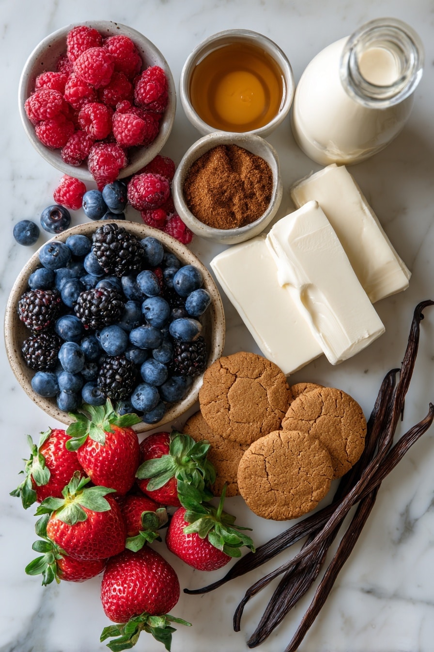No Bake EggNog Berry Cheesecake, holiday no bake cheesecake, festive berry dessert, easy eggnog dessert, Christmas no bake cheesecake - Flat lay of fresh mixed berries including bright red raspberries, deep blue blueberries, glossy blackberries, and vibrant strawberries with green leaves, smooth blocks of creamy white cream cheese, a small pile of golden-brown gingerbread cookies with a crunchy texture, light brown melted butter in a soft pool, a small mound of warm brown nutmeg powder, a bottle of creamy pale eggnog with subtle off-white tone, and a vanilla bean pod with rich dark brown color, all beautifully arranged with natural spacing and slight overlaps, placed on white marbled surface, photo taken with an iphone --ar 2:3 --v 7