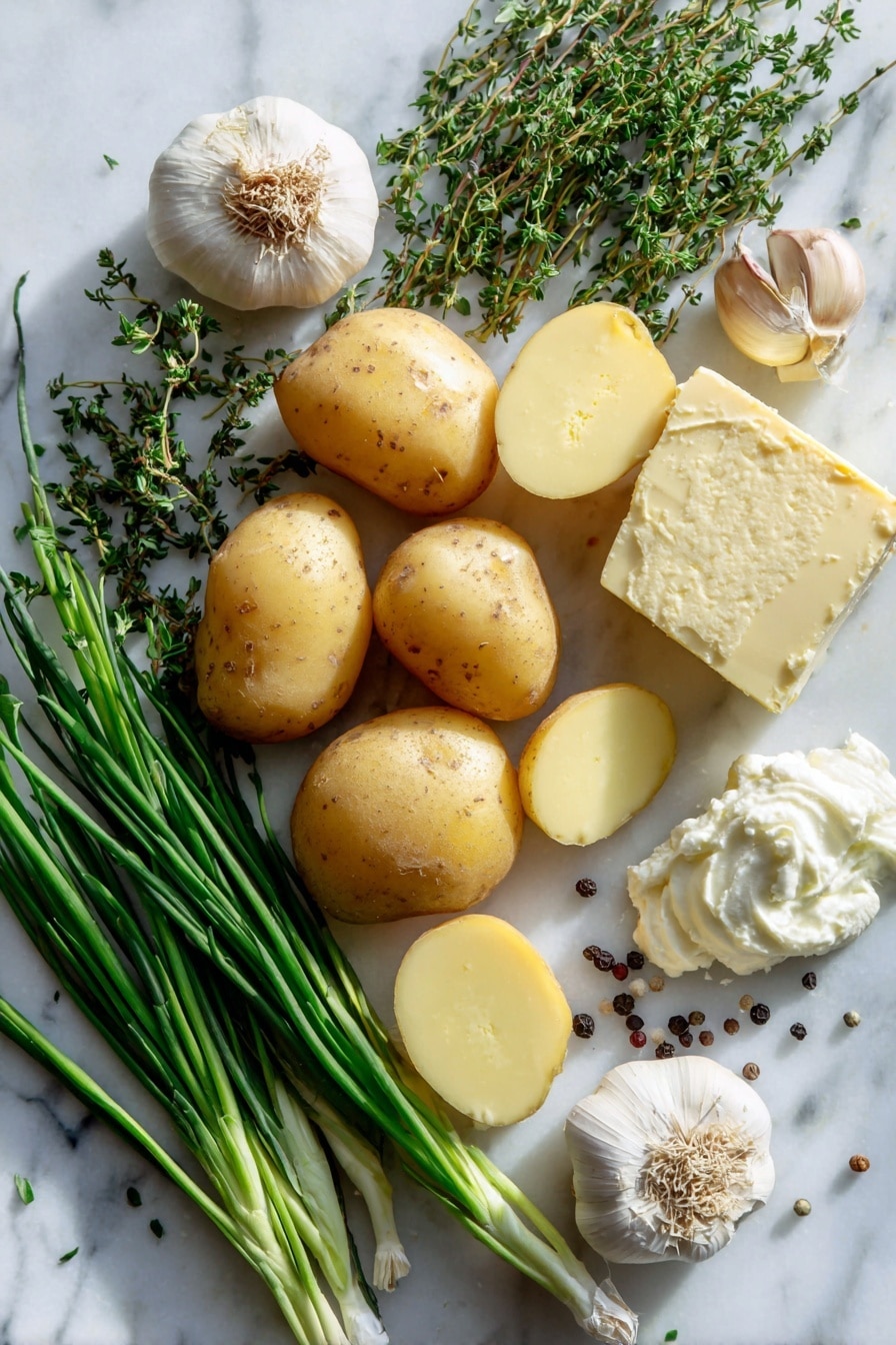 Mashed Potatoes, Best Mashed Potatoes Recipe, Creamy Mashed Potatoes, Garlic Mashed Potatoes, Perfect Mashed Potatoes - Flat lay of halved gold and yellow potatoes with smooth, firm skins showing creamy yellow and pale interiors, two large garlic cloves with papery white skins, fresh bright green chives and slender green onions with crisp leaves, a small pile of fresh thyme sprigs with tiny green leaves, a rich slab of golden butter with a glossy surface, a dollop of silky white sour cream, and whole black peppercorns scattered naturally, all arranged with care to showcase their fresh textures and vibrant colors, placed on white marbled surface, photo taken with an iphone --ar 2:3 --v 7