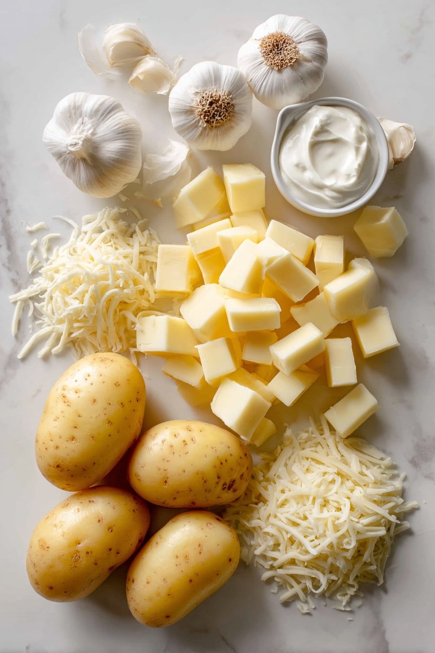 Cheesy Baked Mashed Potatoes, cheesy mashed potatoes, baked mashed potato side dish, creamy garlic mashed potatoes, cheesy potato casserole - Flat lay of peeled and chopped Yukon gold potatoes with their smooth yellow skin and creamy texture, a small cluster of whole garlic cloves showing their papery white skins, a half cup of soft, white sour cream dolloped beside a few golden cubes of butter with a shiny surface, and a small pile of shredded mozzarella cheese strands in bright white, all naturally arranged with gentle overlaps and soft shadows, placed on white marbled surface, photo taken with an iphone --ar 2:3 --v 7