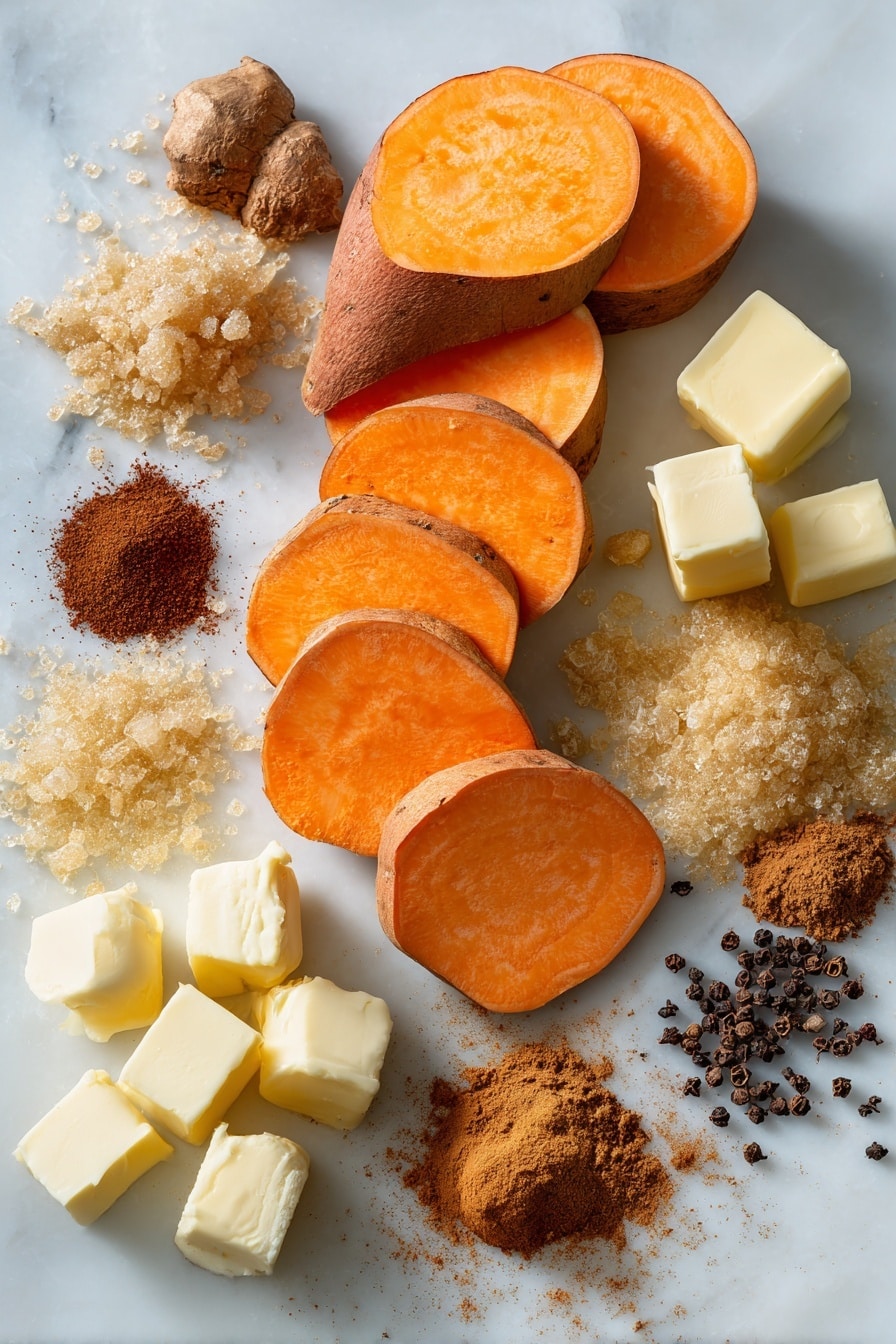Southern Candied Yams, soul food side dish, sweet potato casserole, holiday yams recipe, easy Southern yam recipe - Flat lay of three medium sweet potatoes with vibrant orange flesh, several thick slices neatly cut to show their smooth, moist texture, a few cubes of pale yellow unsalted butter with soft edges, small mounds of golden granulated sugar and rich dark brown sugar crystals shimmering slightly, warm brown ground cinnamon and reddish-brown ground nutmeg forming gentle piles, a light dusting of finely ground ginger powder in soft beige tones, and a few tiny heaps of deep brown ground cloves, all carefully spaced and naturally scattered with slight overlaps to create depth, placed on white marbled surface, photo taken with an iphone --ar 2:3 --v 7