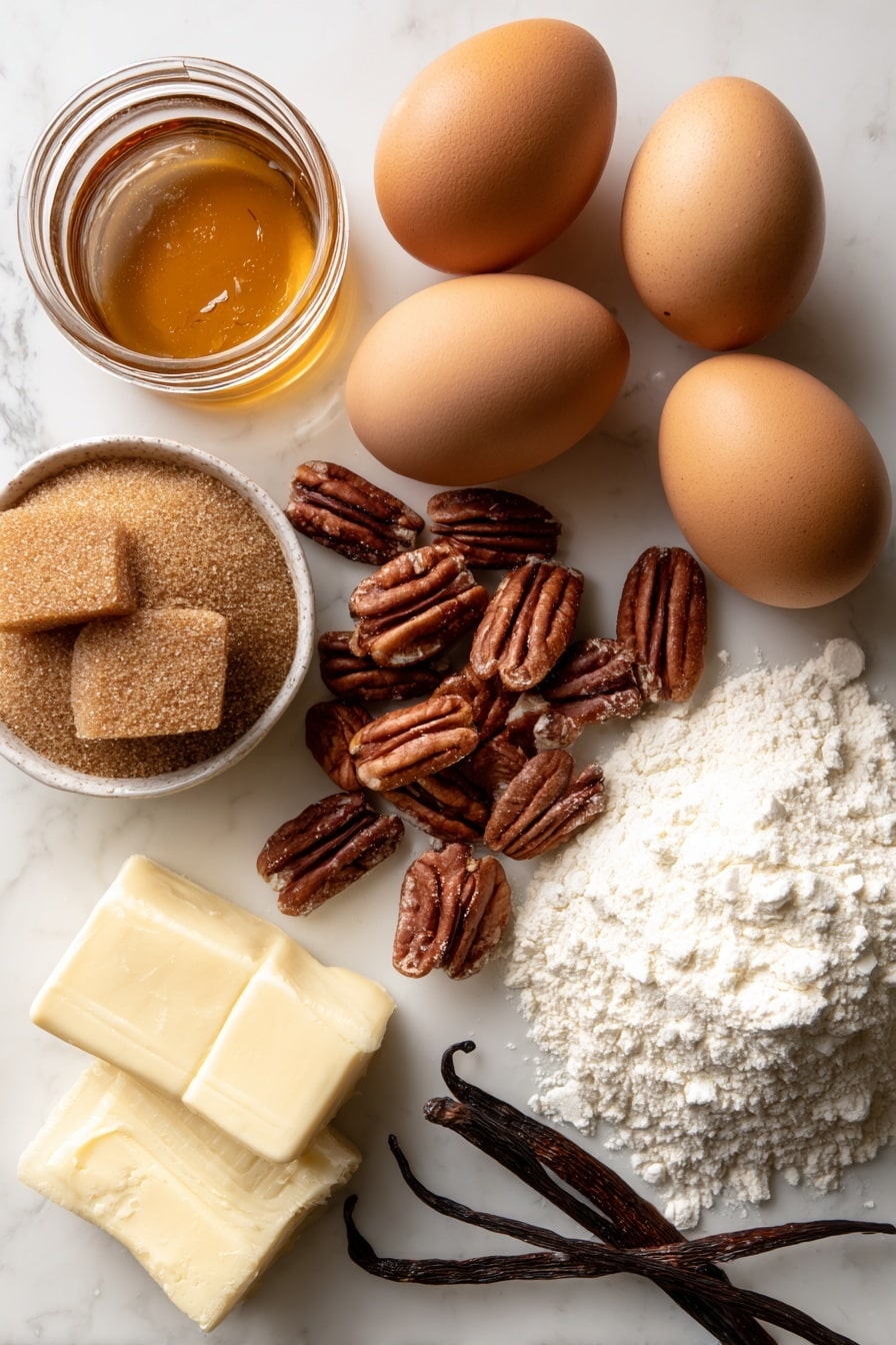 Maple Pecan Blondies, maple blondie recipe, nutty blondie bars, caramel pecan blondies, buttery dessert bars - Flat lay of glossy golden maple syrup in a small glass jar, rich brown packed brown sugar with a slightly coarse texture, smooth pale yellow unsalted butter, a cluster of raw light brown pecans with textured shells and some chopped pecan pieces scattered loosely, two large fresh brown eggs with smooth shells, a small vanilla bean pod with its dark brown wrinkled surface, and a mound of soft off-white all-purpose flour, all beautifully arranged with natural spacing and gentle shadows, placed on white marbled surface, photo taken with an iphone --ar 2:3 --v 7