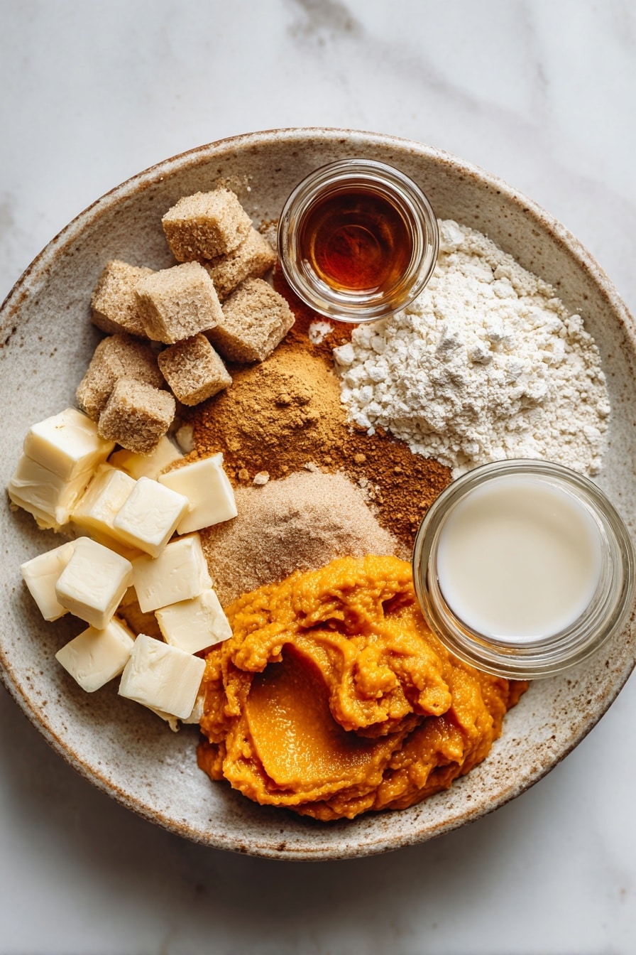 Starbucks Copycat Vegan Pumpkin Scones, vegan pumpkin scones recipe, fall vegan baked goods, vegan pumpkin spice pastries, dairy-free pumpkin scones - Flat lay of vibrant orange pumpkin puree in a rustic bowl, warm brown packed brown sugar crystals, a small pile of golden vegan butter cubes with a soft texture, a heap of light beige all-purpose flour dusted lightly, a scattering of mixed warm-toned pumpkin pie spice powders in shades of cinnamon brown and nutmeg tan, glossy deep amber pure vanilla extract in a tiny glass vial, creamy white unsweetened applesauce with a smooth texture, and a splash of pale almond milk in a clear small jar, all beautifully arranged in a natural, loose cluster with soft shadows and gentle highlights, placed on white marbled surface, photo taken with an iphone --ar 2:3 --v 7