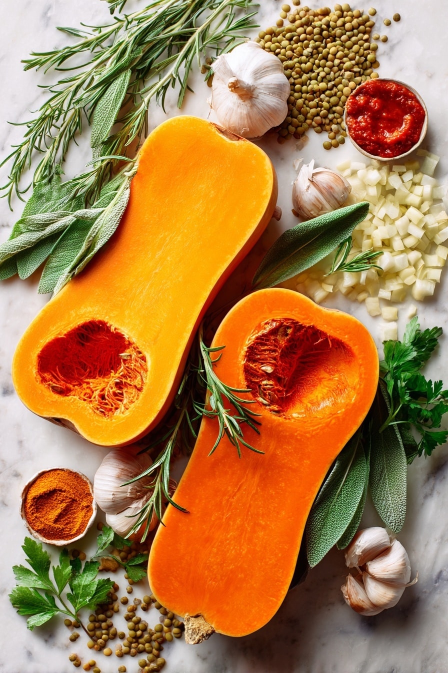 Creamy Lentil Stuffed Butternut Squash, hearty stuffed squash with lentils, roasted butternut squash recipes, vegan butternut squash dishes, healthy lentil recipes - Flat lay of vibrant orange halved butternut squash with smooth, glossy skin and bright, fleshy interiors, scattered fresh green sage leaves with soft textured blades, sprigs of rosemary showing tiny needle-like leaves in deep green, diced golden yellow onions with crisp edges, peeled cloves of white garlic with smooth surfaces, rich red tomato paste in a small dollop, earthy green-brown dry lentils with a matte finish, small bunch of bright Italian flat-leaf parsley with delicate leaves, and a few fresh glossy bay leaves displaying their elongated shape, all beautifully arranged with natural shadows and highlights, placed on white marbled surface, photo taken with an iphone --ar 2:3 --v 7